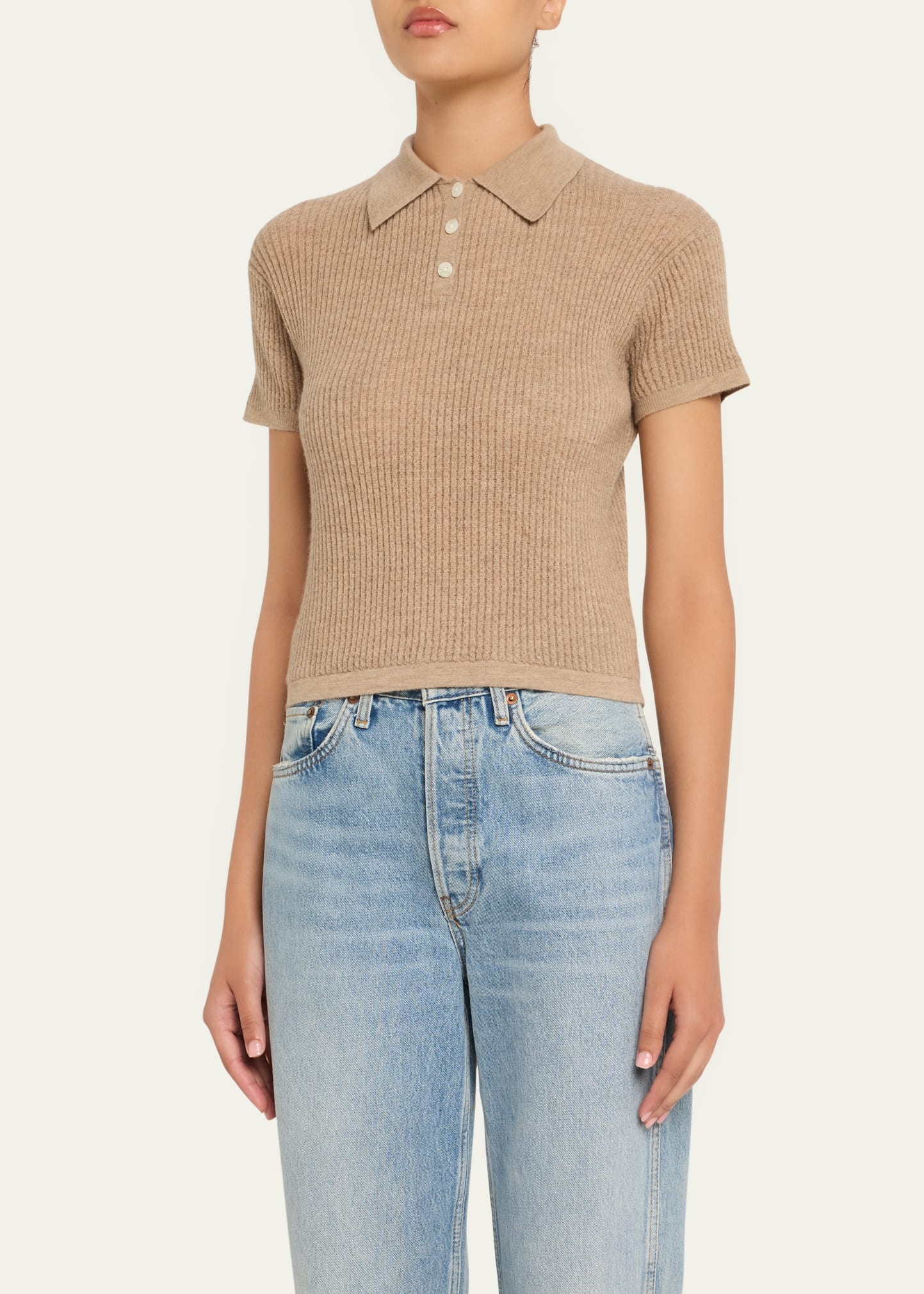 Cashmere Short-Sleeve Shrunken Polo Sweater - 4