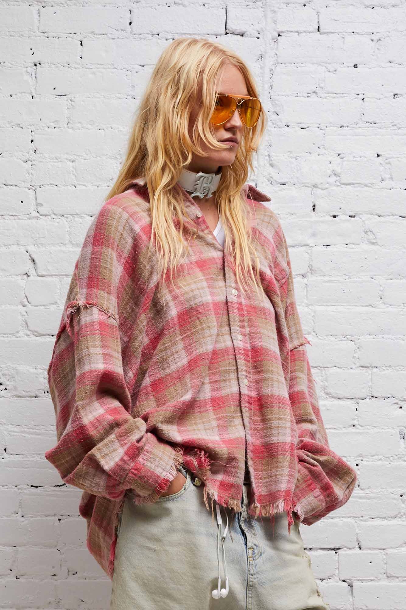 SHREDDED SEAM DROP NECK SHIRT - OVERDYED PINK PLAID - 2
