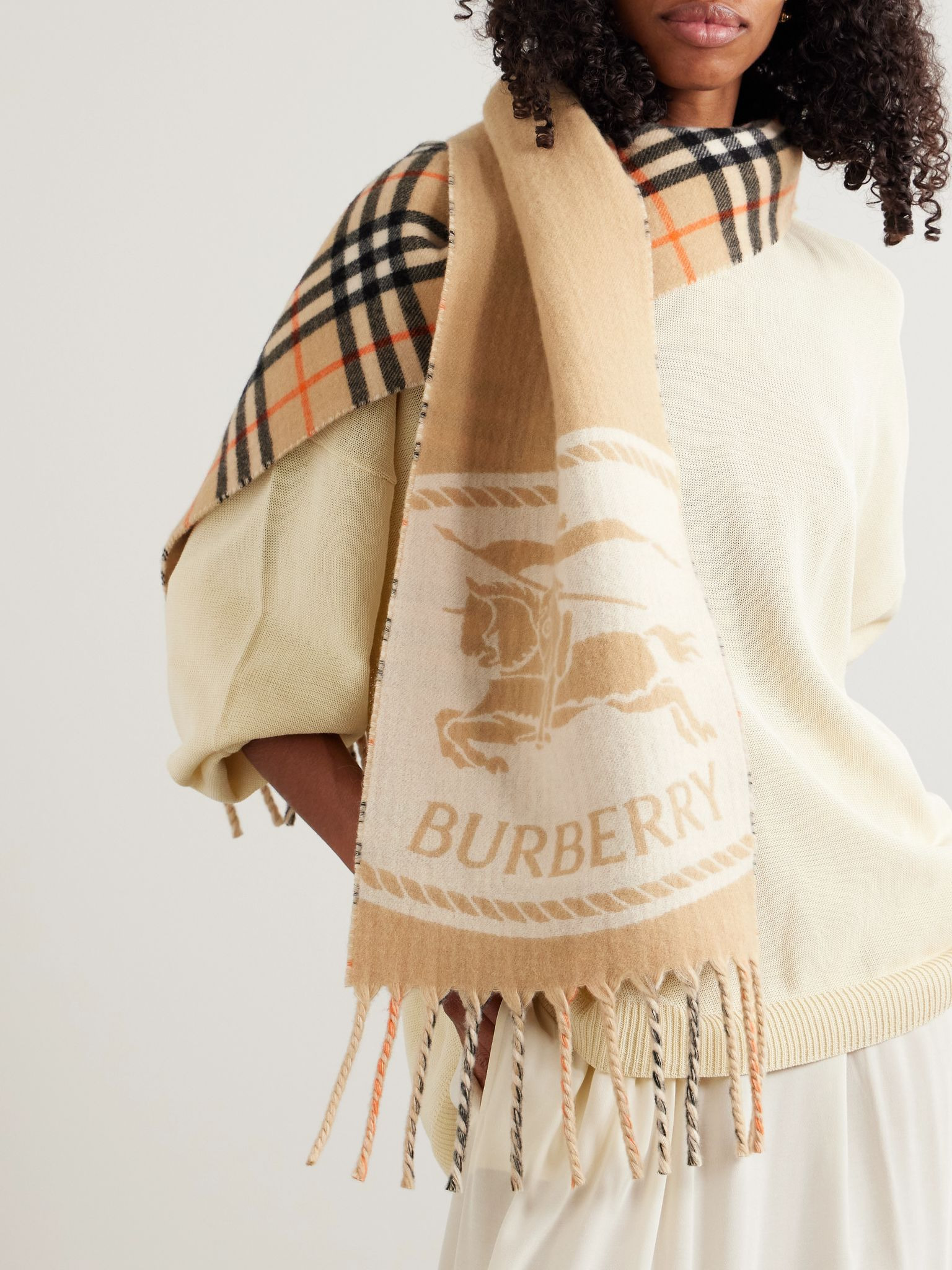 Fringed checked jacquard-knit cashmere scarf Sand - 2