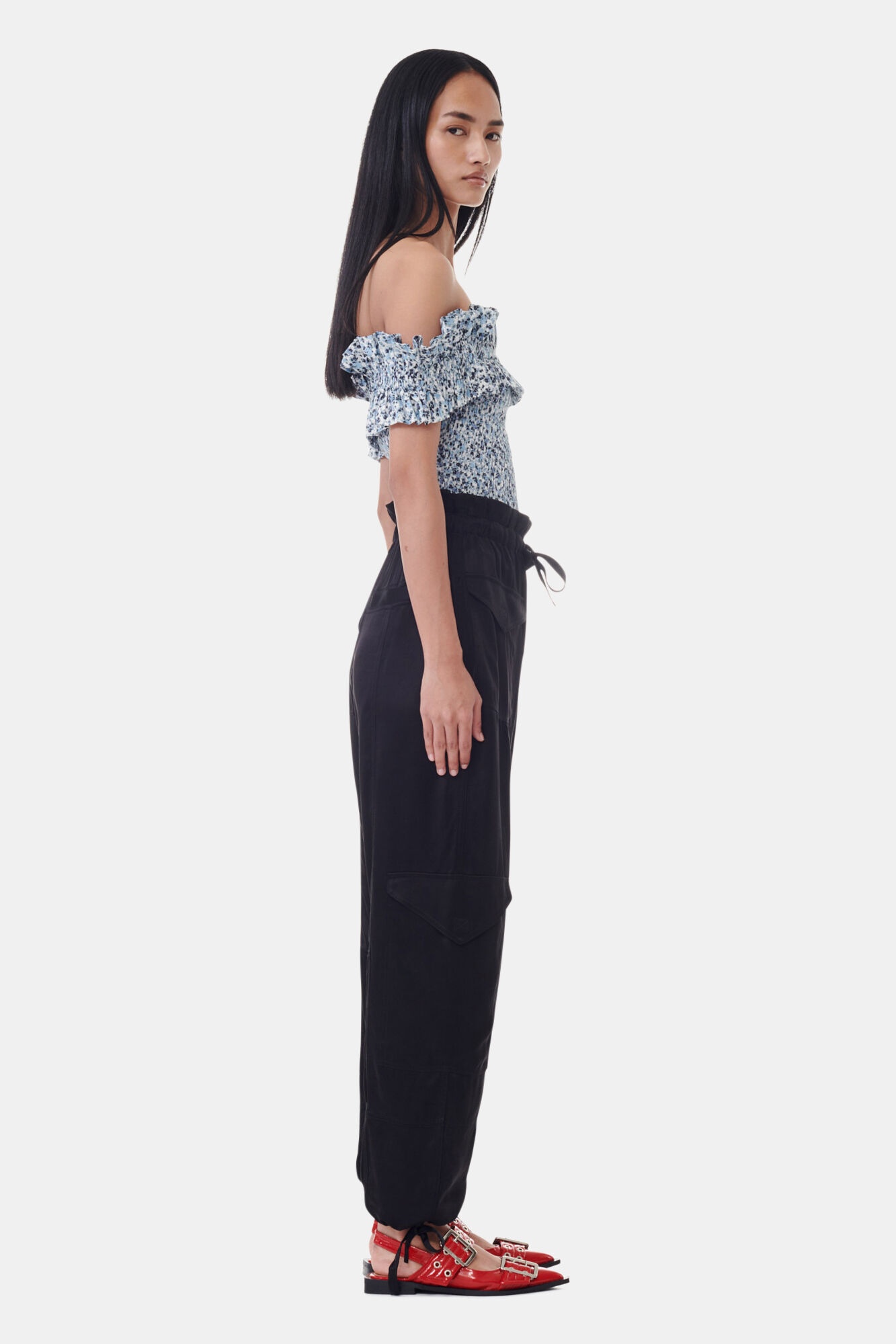 BLUE FLORAL PRINTED COTTON OFF-SHOULDER SMOCK TOP - 4