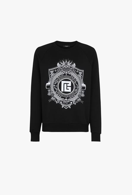 Black cotton sweatshirt with embroidered white Balmain Paris logo - 1