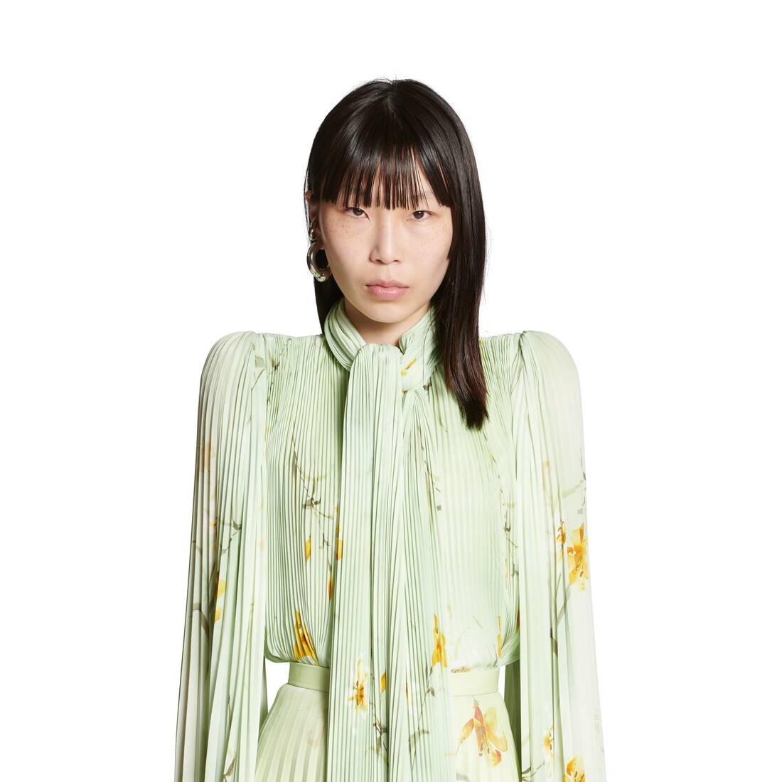 Women's Lilies Scarf Pleated Blouse in Green - 5
