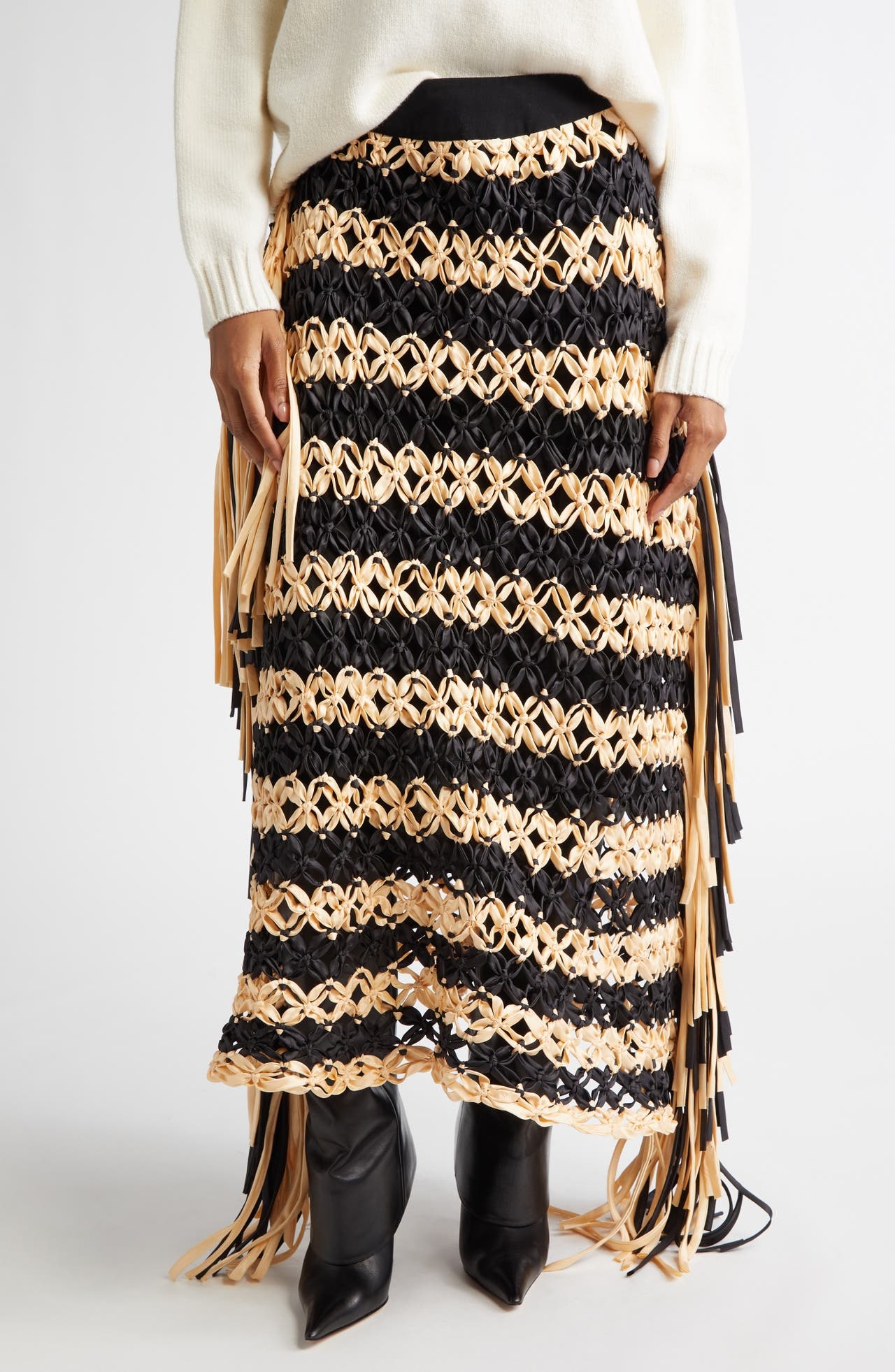 diotima Diotima Cavalla Fringe Stripe Macrame Maxi Skirt in Ivory Black at Nordstrom REVERSIBLE