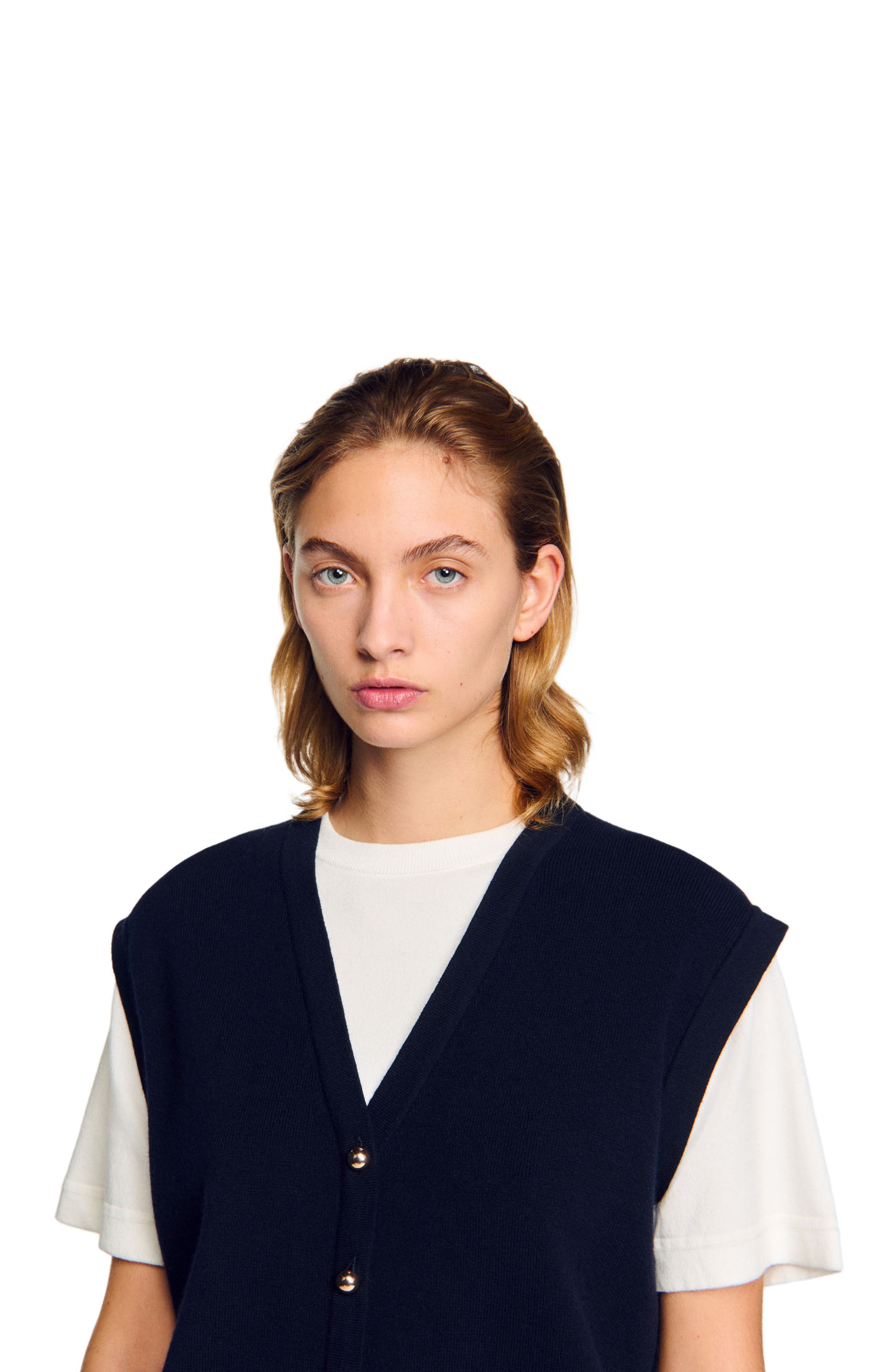 SANDRO Two-tone wool and cashmere sweater in Dark Navy at Nordstrom - 4