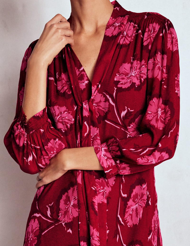 Brooke Tie Neck Tea Dress-Cranberry Red, Delicate Vine 3