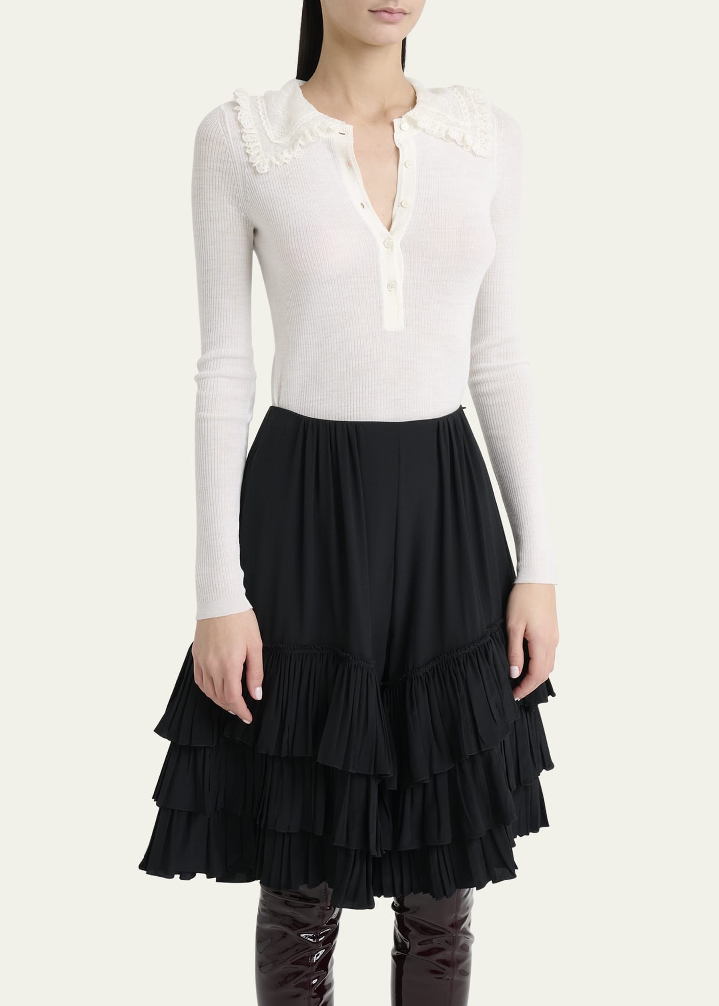 Lace-Collar Superfine Wool Rib Knit Top - 4