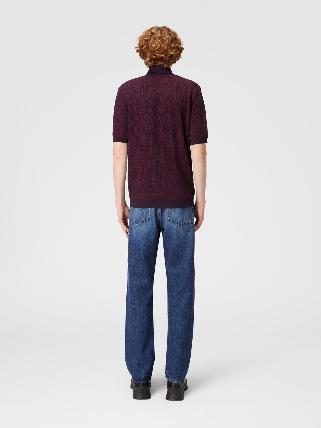 Virgin wool and viscose polo shirt with wave motif - 3