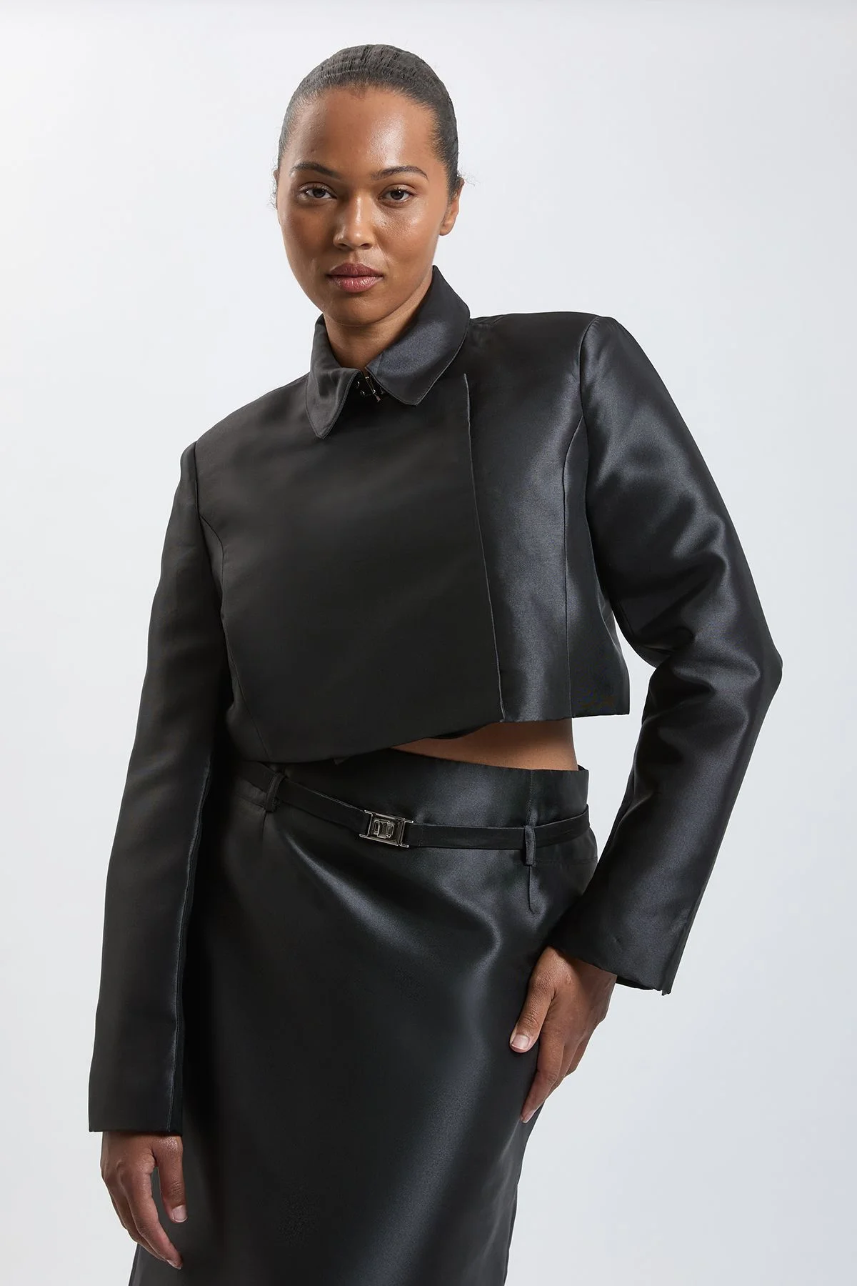 Plus Size Forever Satin Twill Cropped Wrap Tailored Jacket - 1