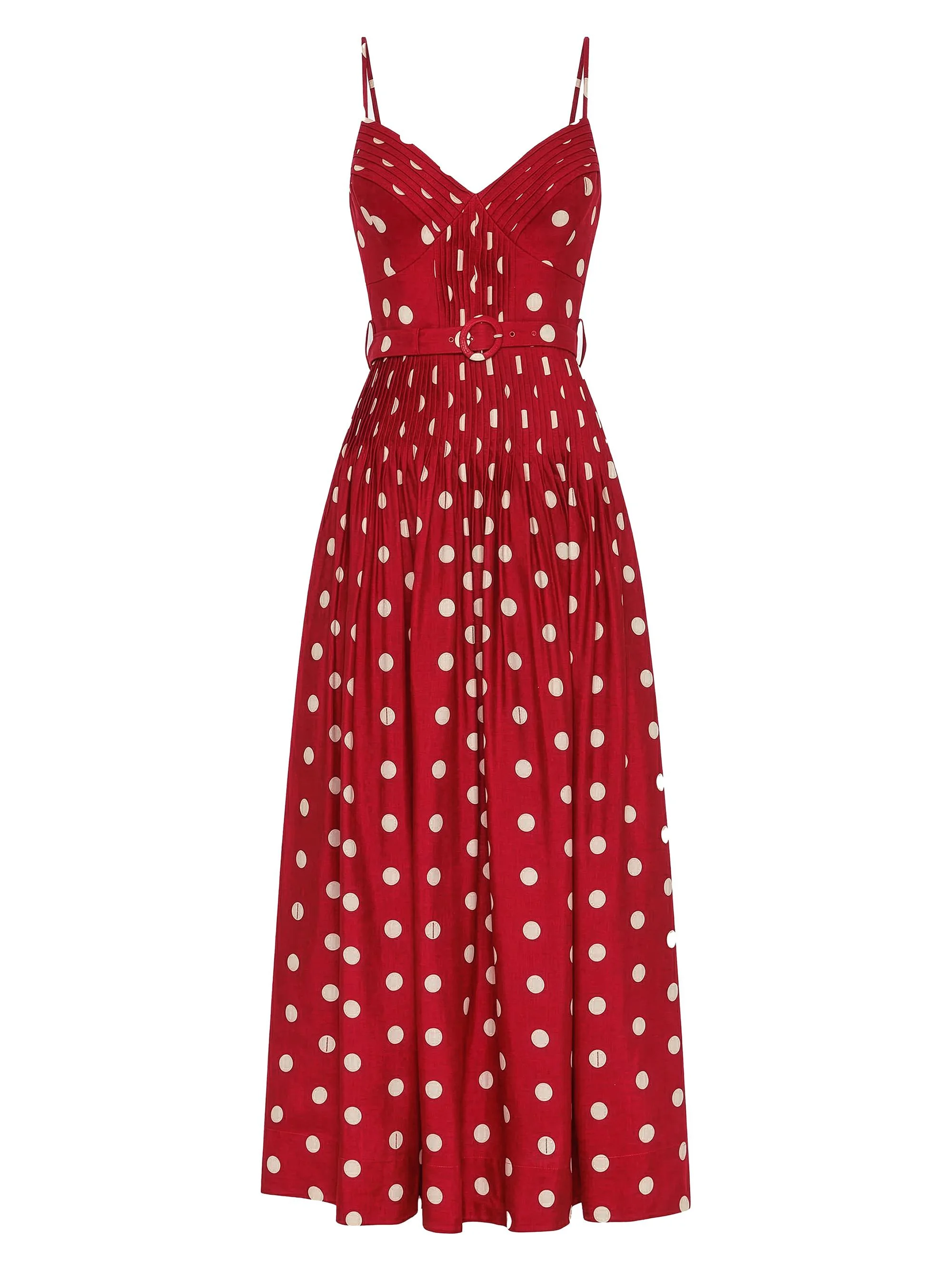 Women's Mireille Belted Polka Dot Linen-Blend Midi-Dress - Crimson Polka Dot - 1