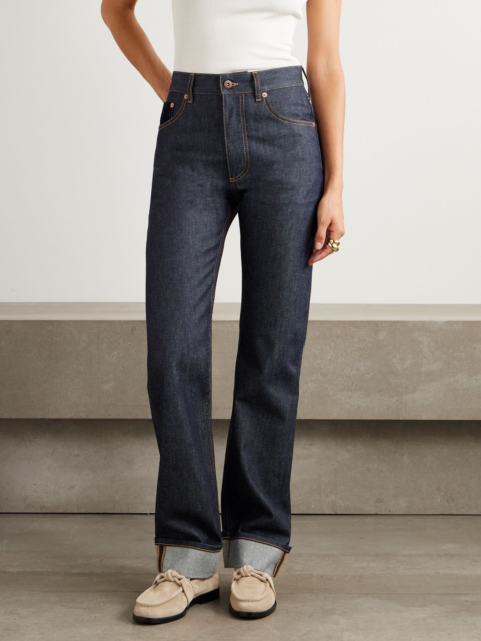 Intrecciato suede-trimmed high-rise straight-leg jeans Blue - 3
