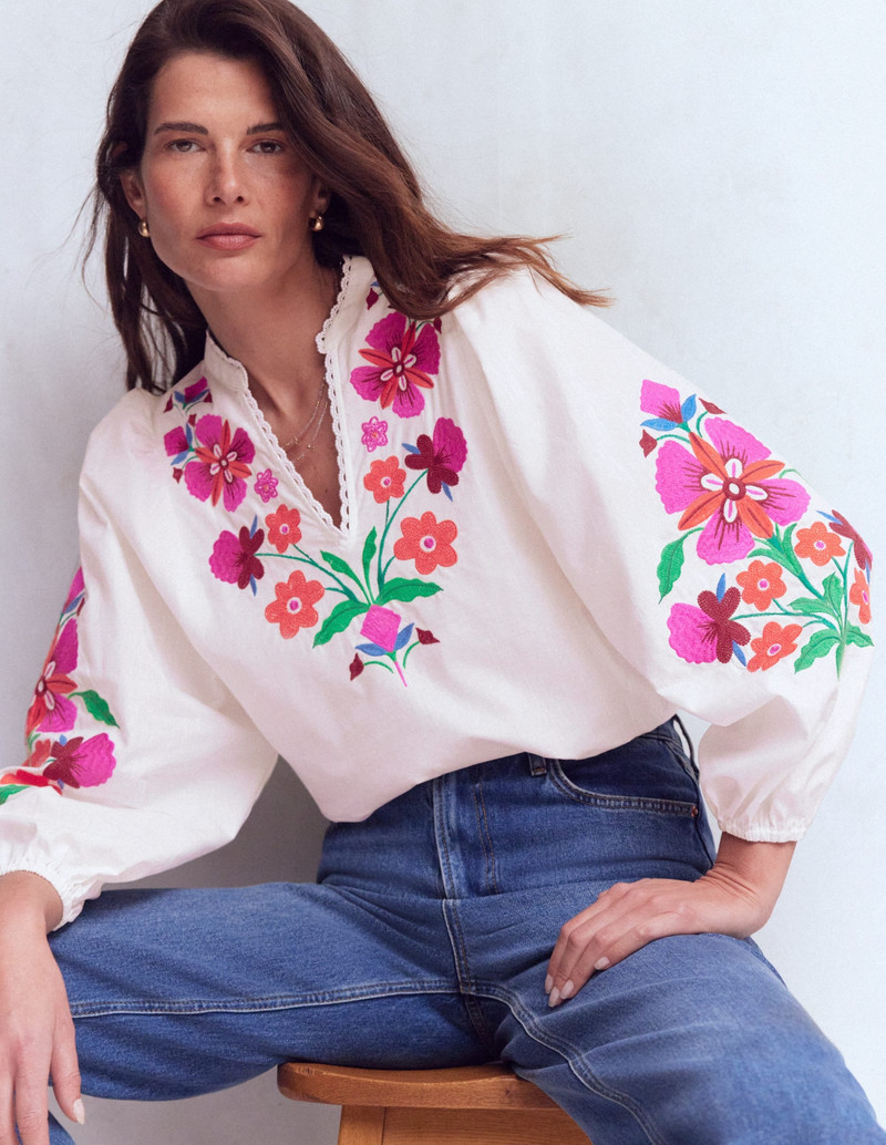 Embroidered Notch Neck Top-Floral Placement Embroidery 3