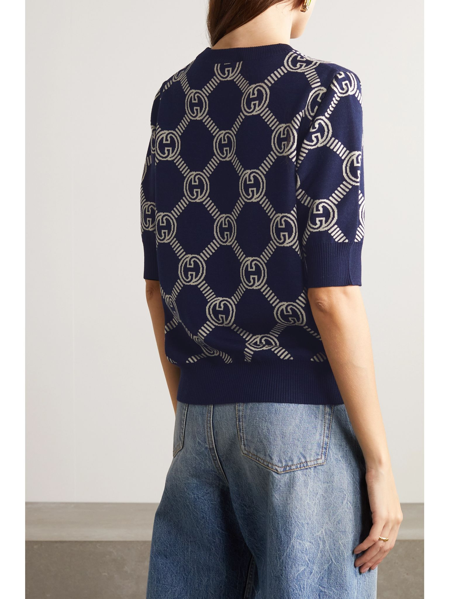 Logo-jacquard stretch wool-blend sweater Blue - 4
