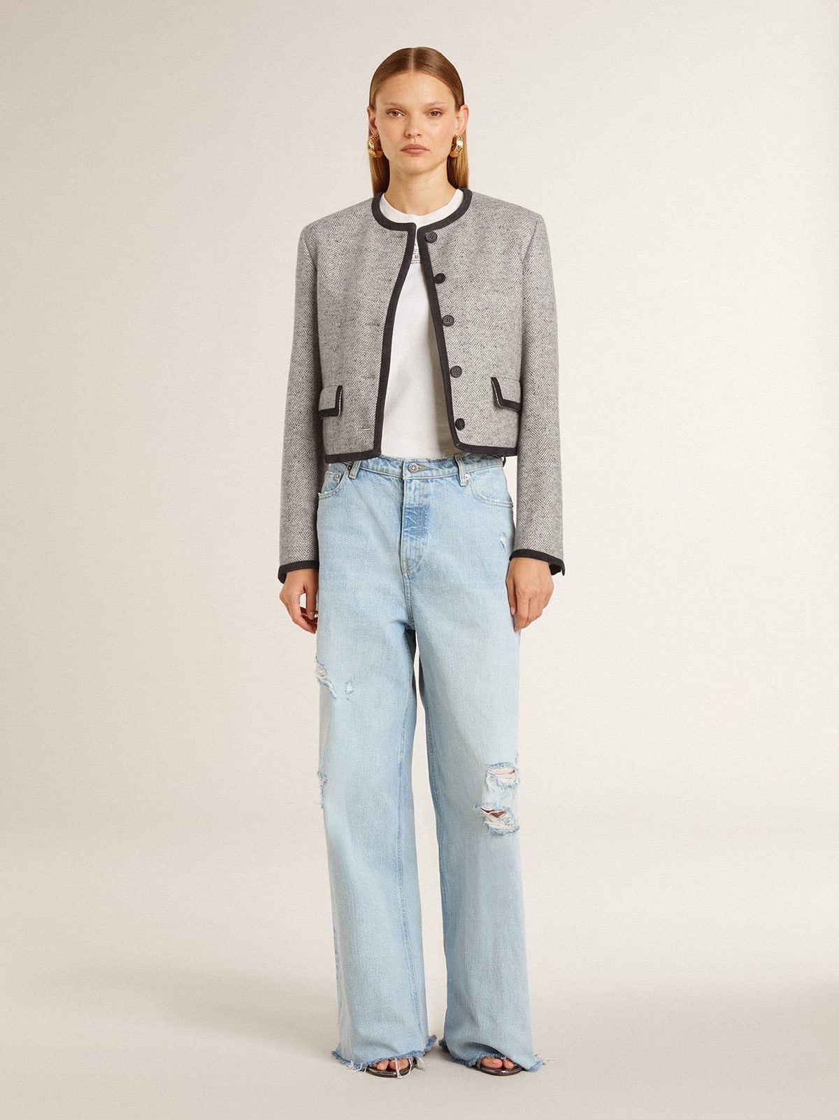 Women's grey wool and silk jacket with black suede trim - 3