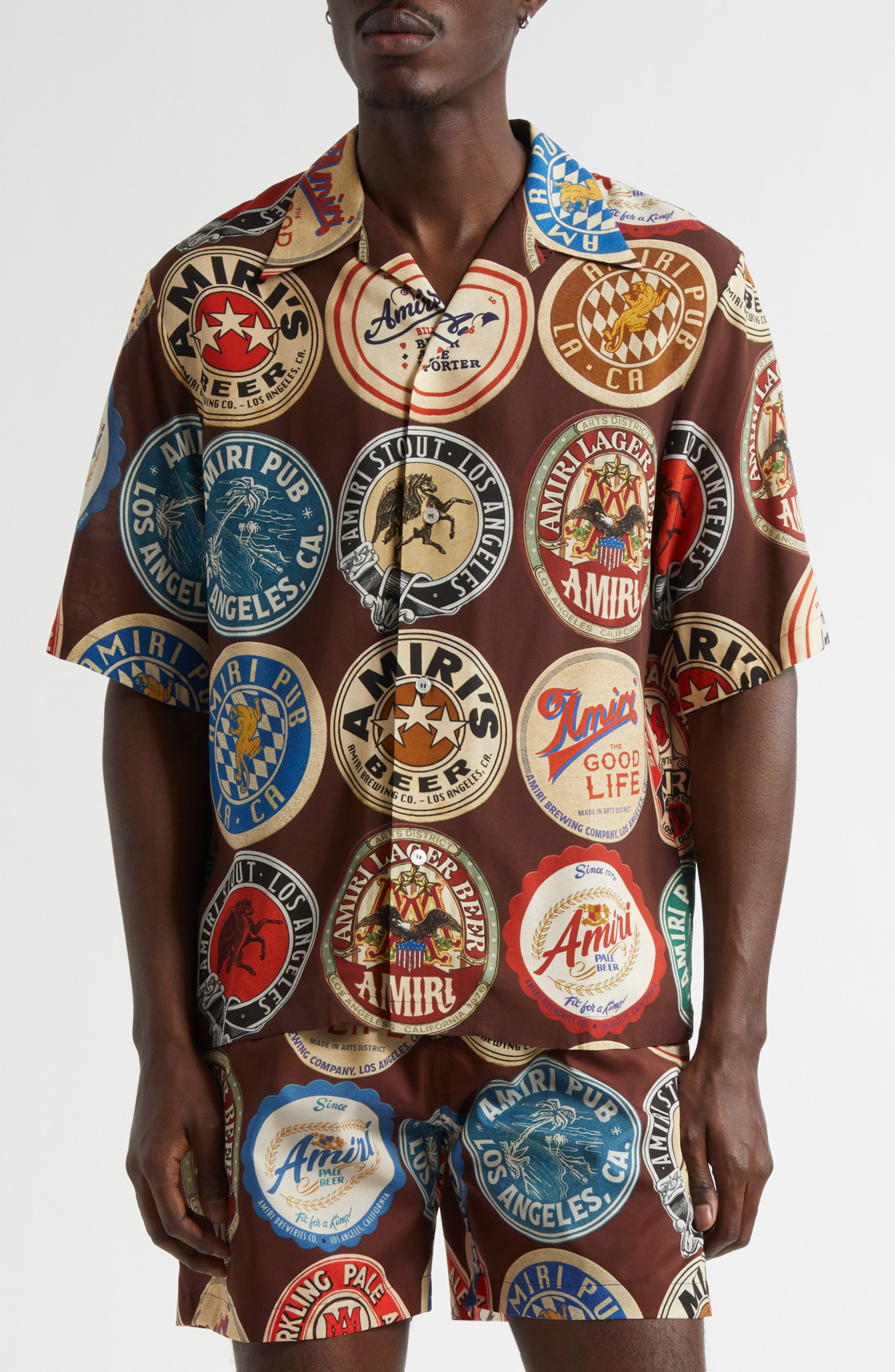 AMIRI Coasters Print Bowling Shirt in Chocolate at Nordstrom - 1