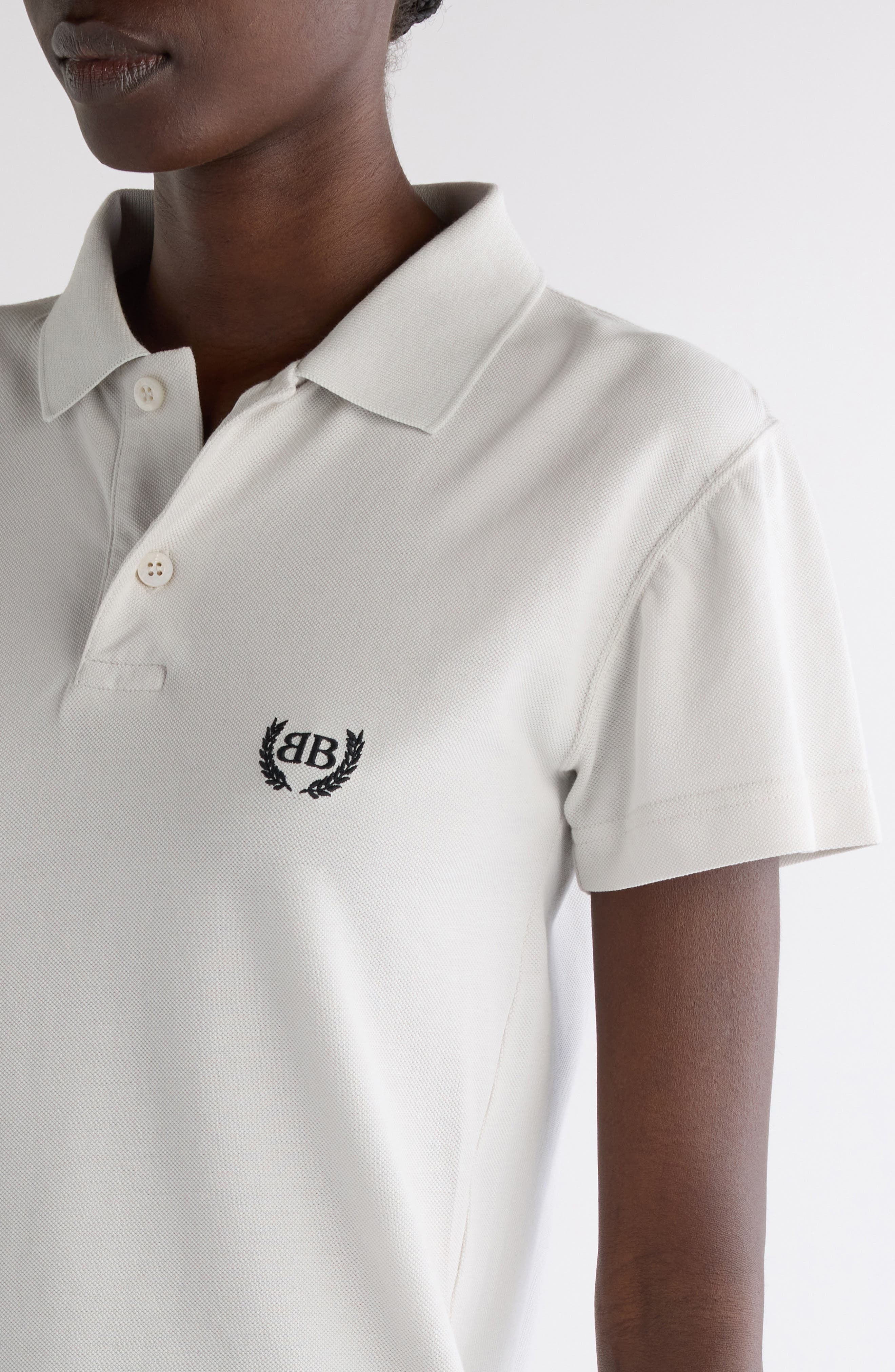 Balenciaga Laurel Embroidered Fitted Cotton Piqué Polo in 9012 Dirty White at Nordstrom - 5