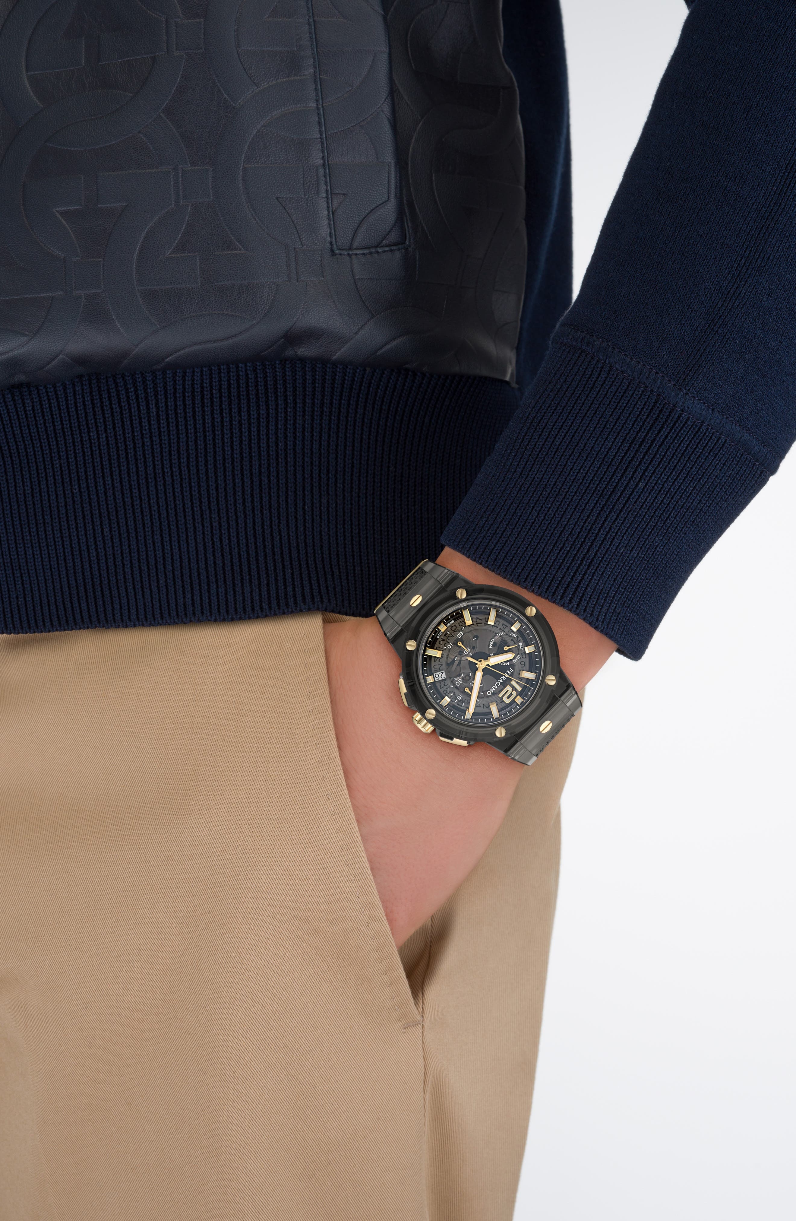 FERRAGAMO F-80 Translucent Chronograph Recycled Polyurthane Strap Watch, 44mm in Black at Nordstrom - 2