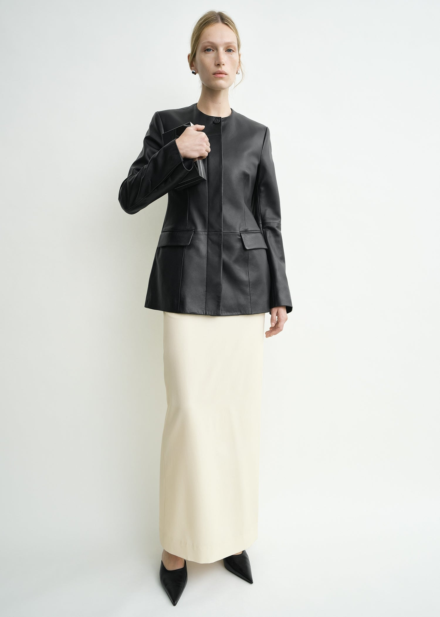 Collarless leather jacket black - 3