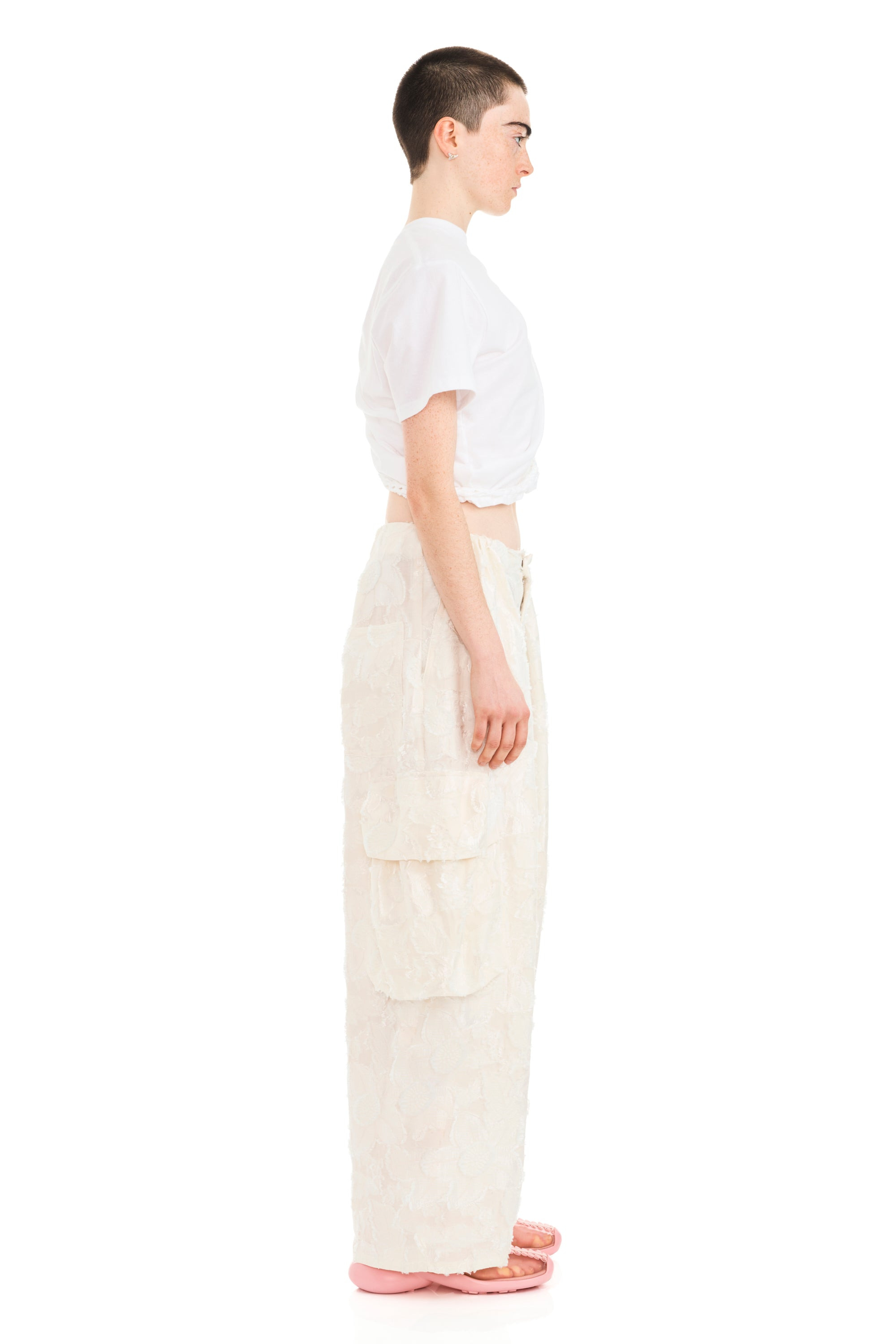 WHITE JACQUARD PLEATED CARGO PANT - 4