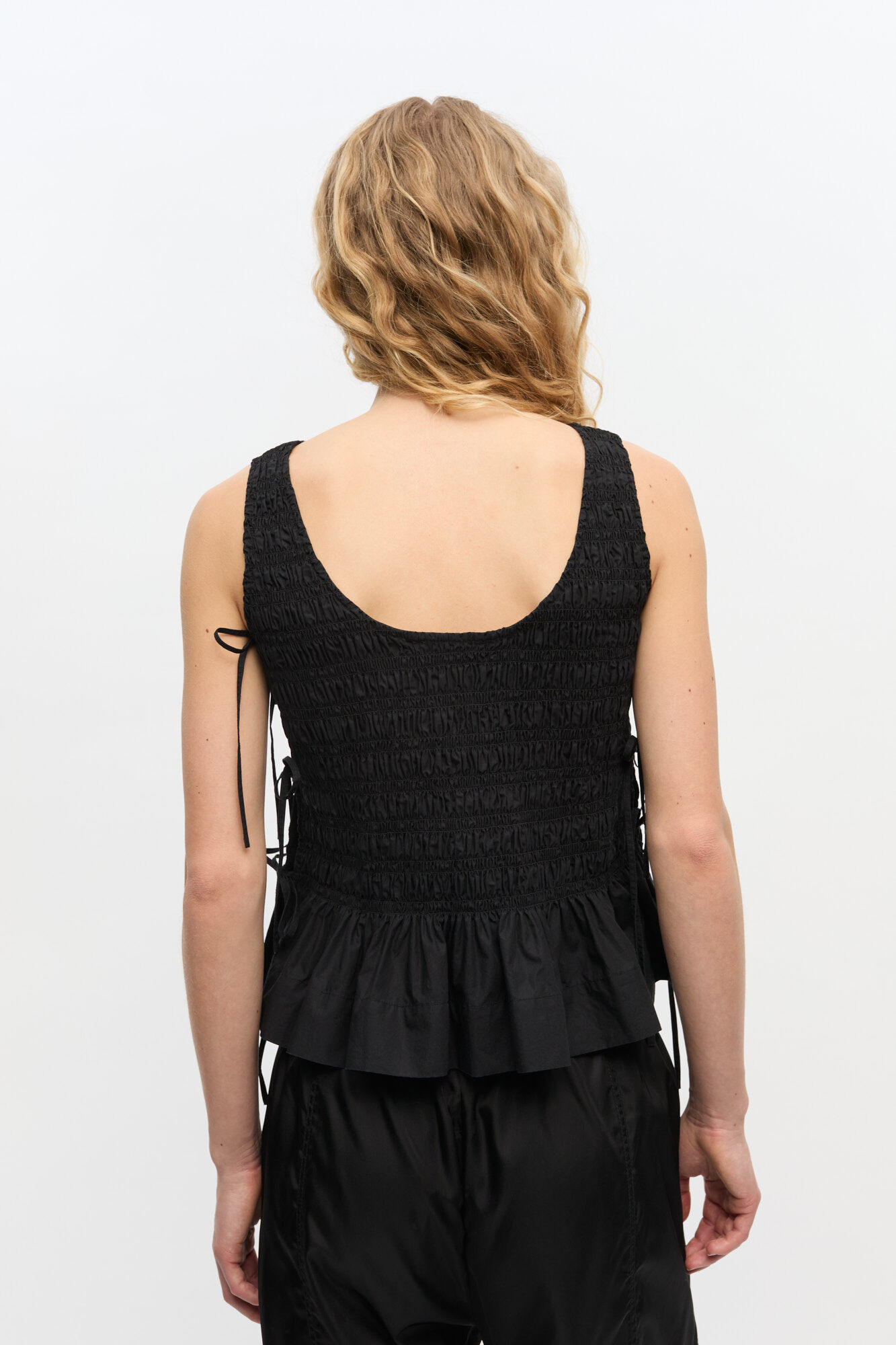 BLACK COTTON SMOCK TIE TOP - 5
