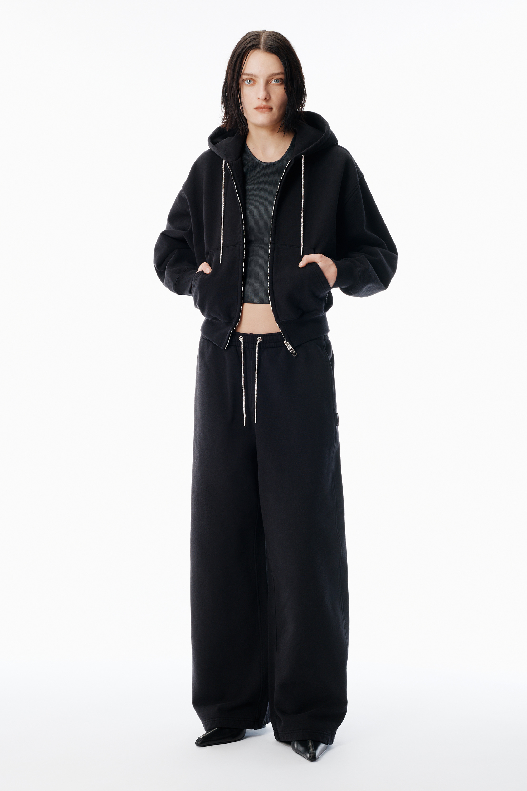 Black Cotton Terry Sweatpant with Crystal Hotfix Drawcord - 2