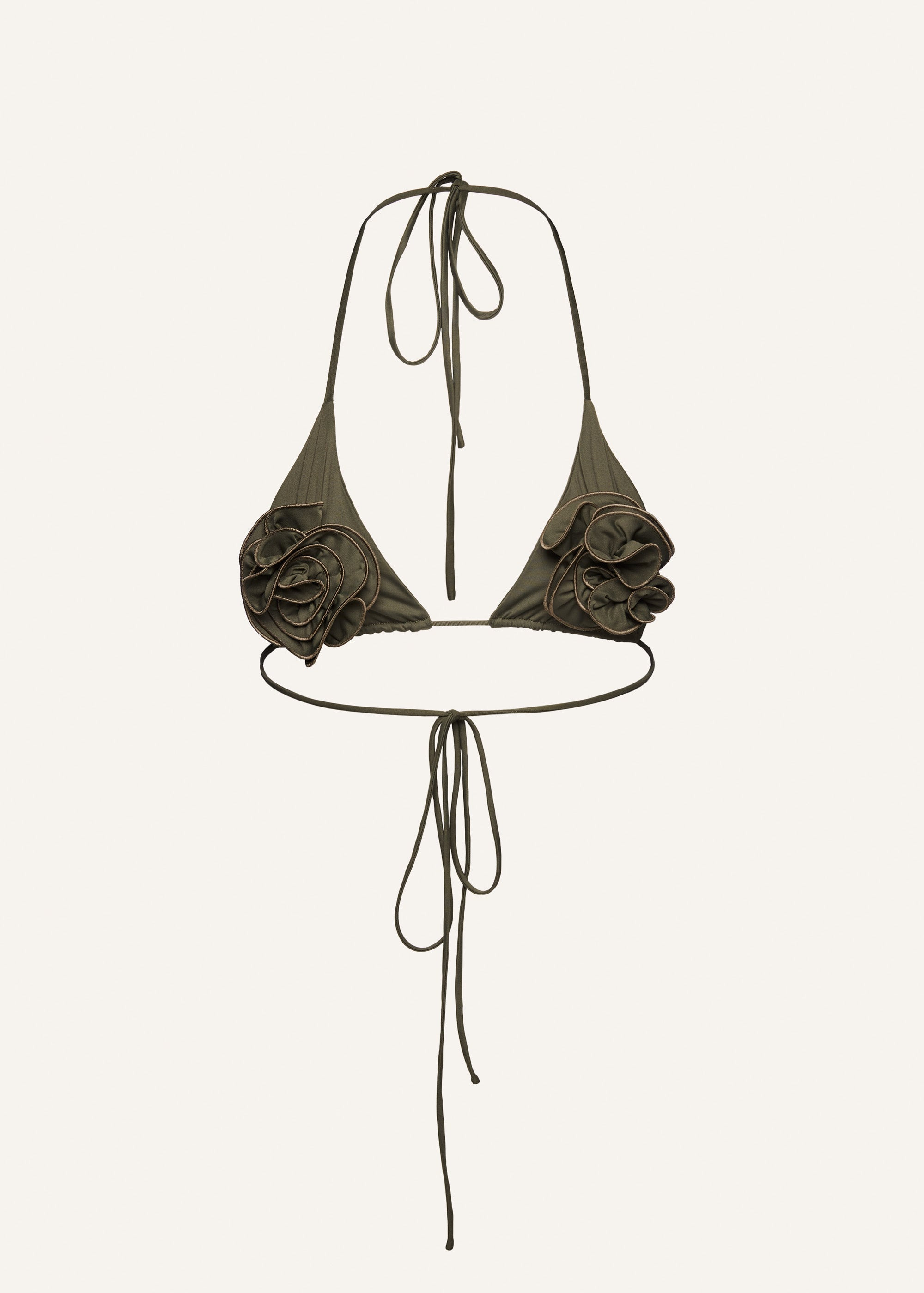 Floral strappy triangle bikini top in khaki - 1
