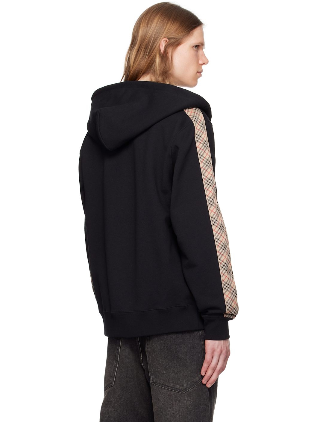 Black Check Trim Cotton Zip Hoodie - 3