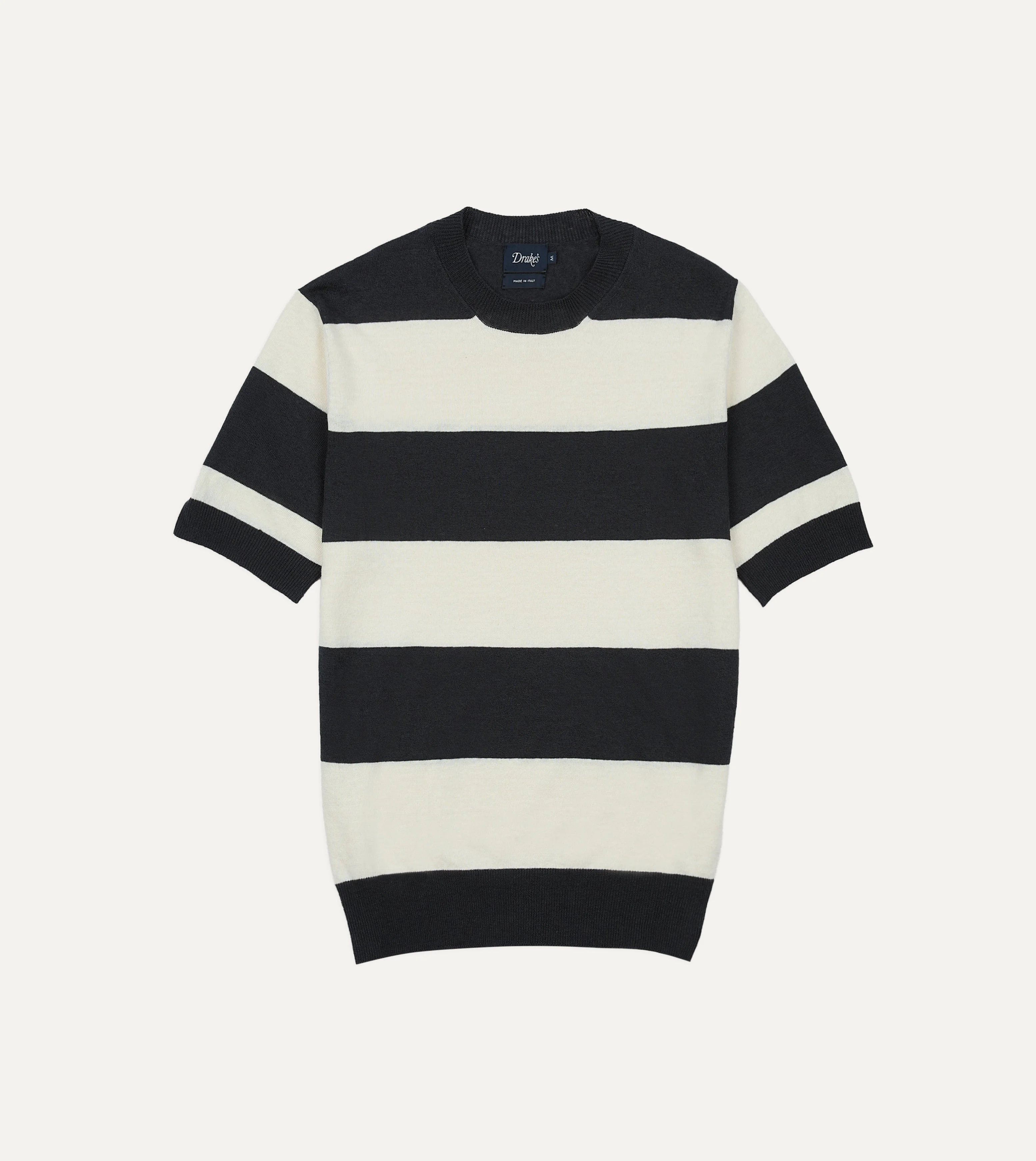 Ecru and Charcoal Stripe Crew Neck Knitted T-Shirt - 1
