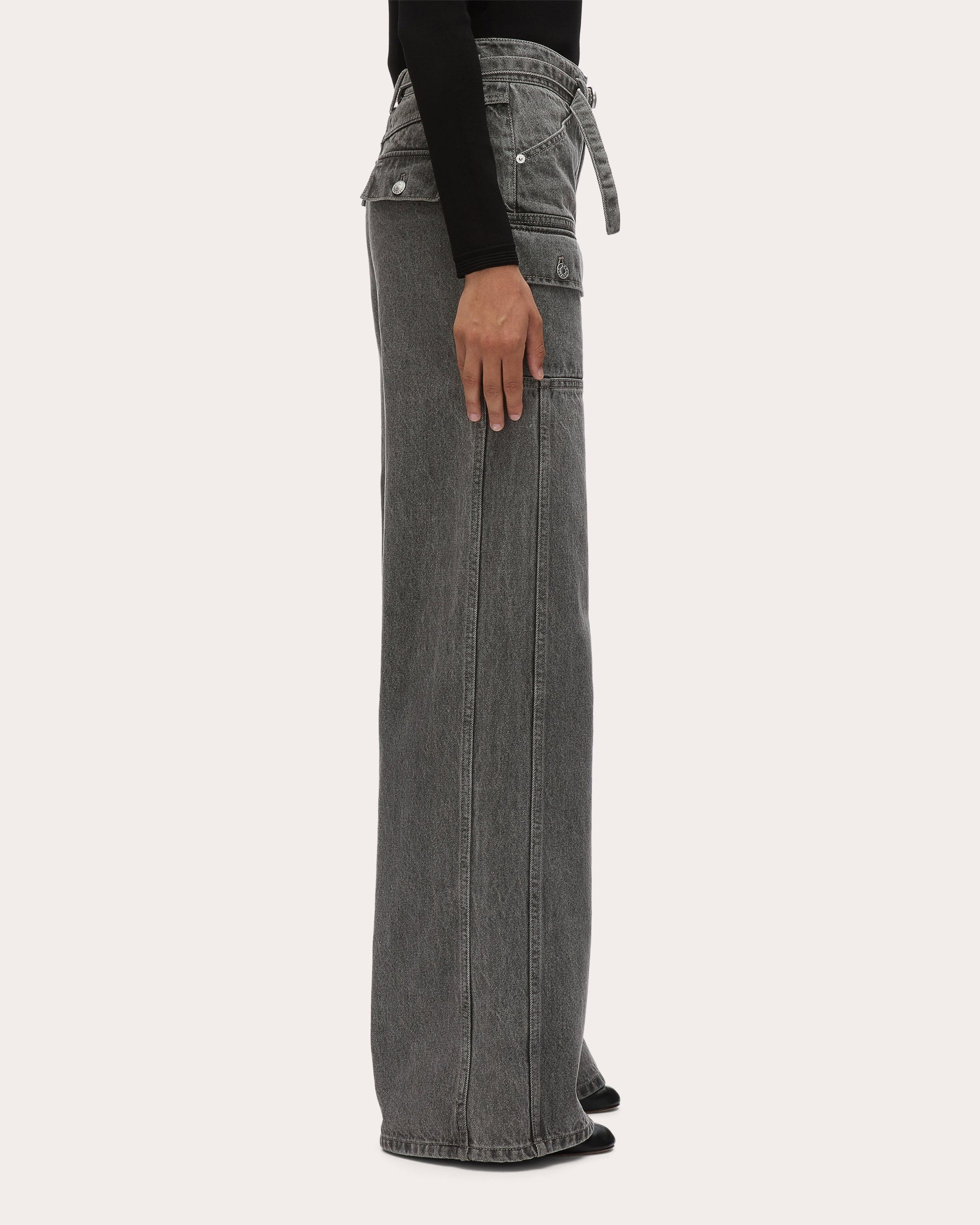 Acid Wash Denim Belted Cargo Wide-Leg Jeans - 3