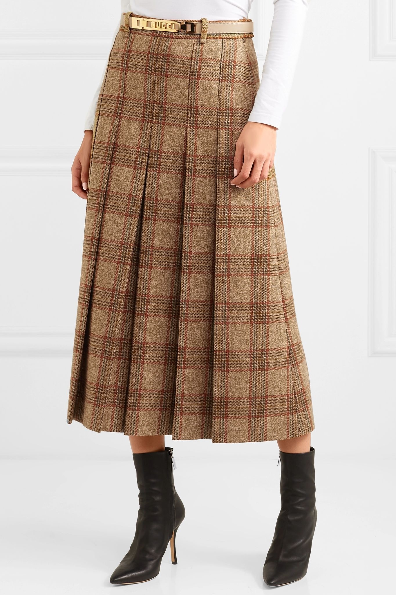 Belted checked wool midi skirt - 3