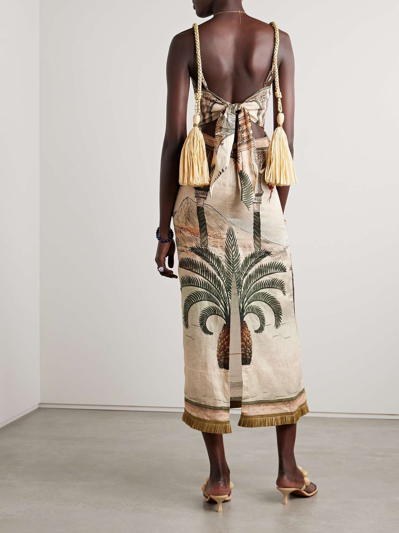 Cartagening tasseled straw-trimmed printed linen-voile midi dress Ecru - 3