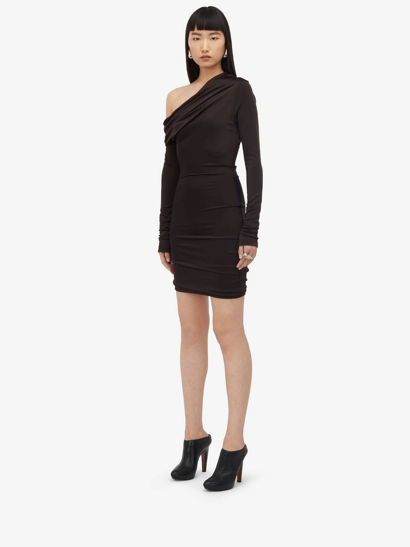 Women's Asymmetric Mini Dress in Ebony - 5