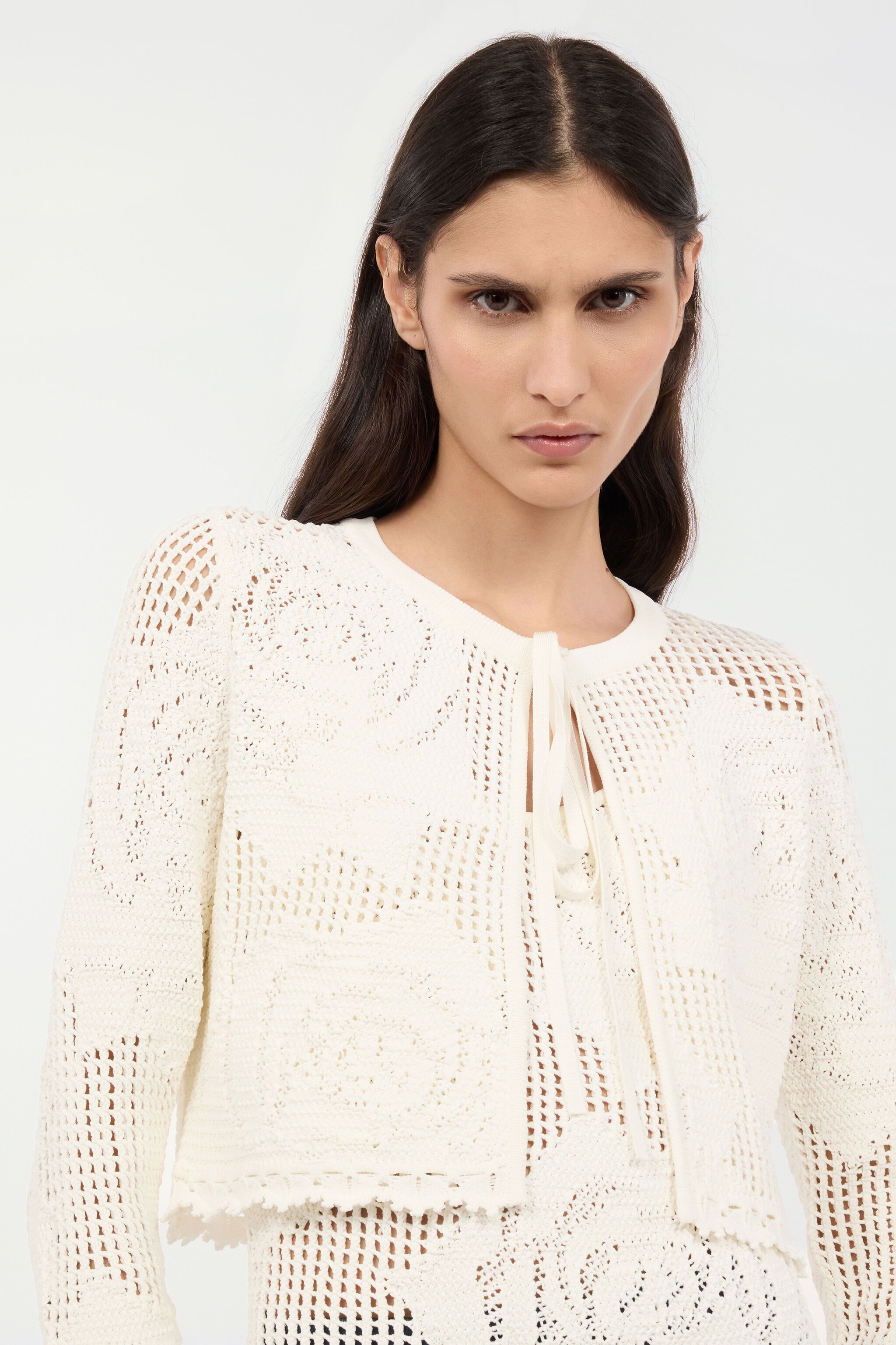 Openwork Cropped Cardigan With Roses - 6