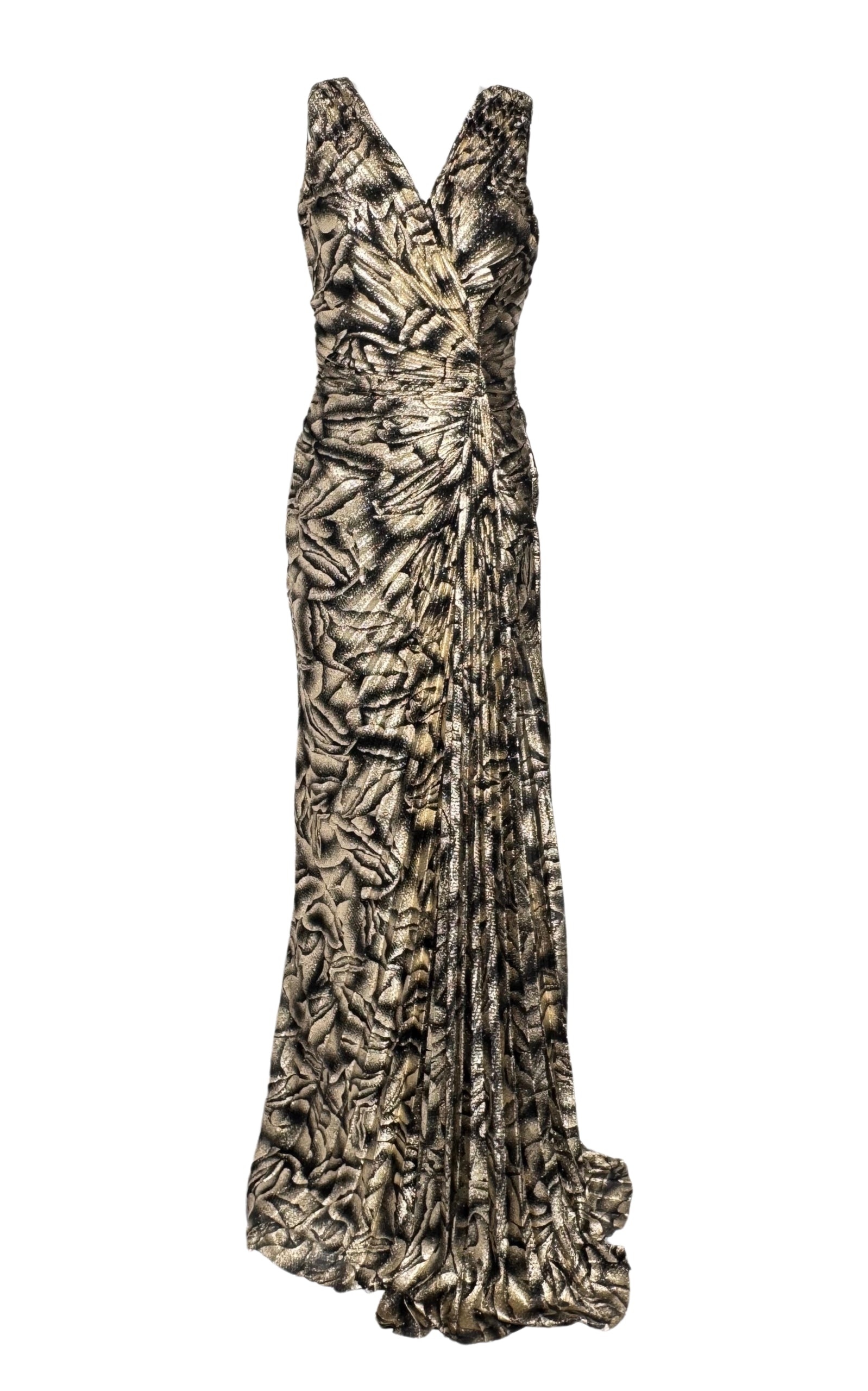 Cult Moda - Black Rose Print Gold Shimmer Pleated Prom Dress - 1