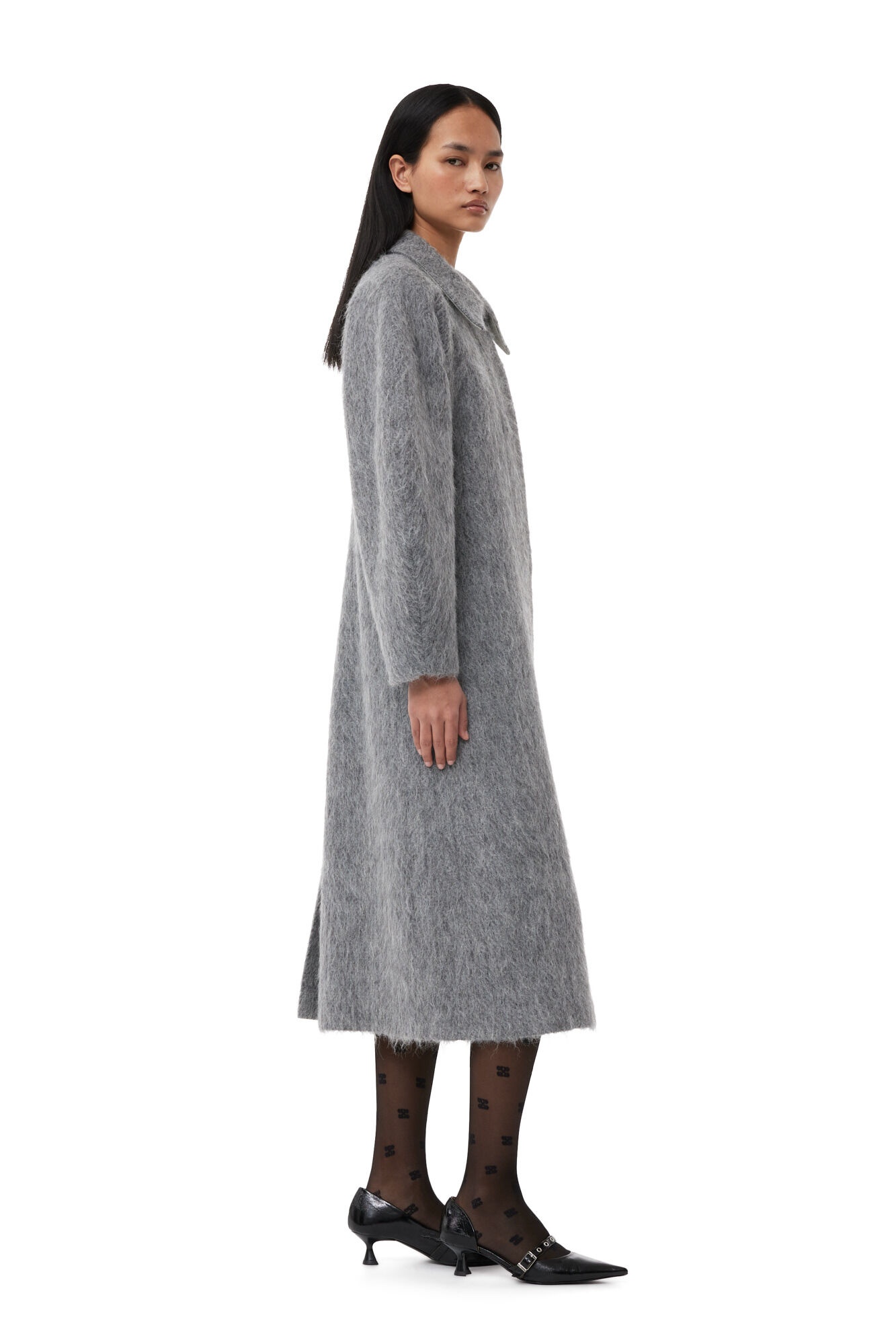 GREY FLUFFY WOOL CURVED SLEEVES COAT - 3