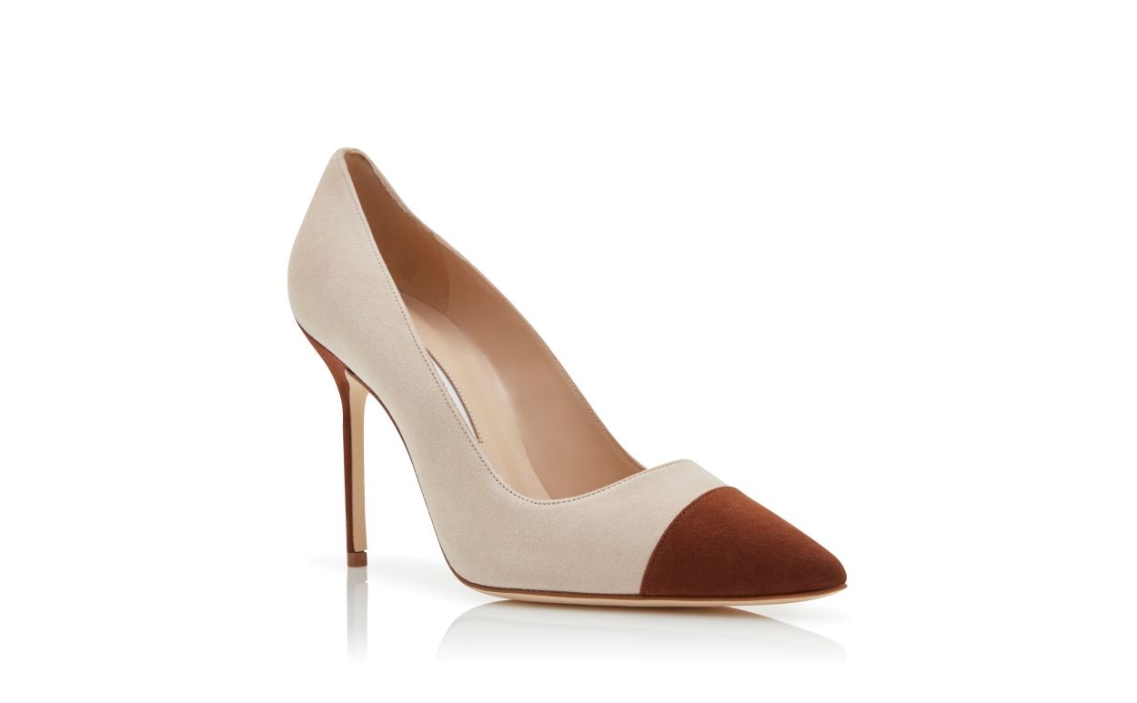 Brown and Beige Suede Pointed Toe Pumps - 3