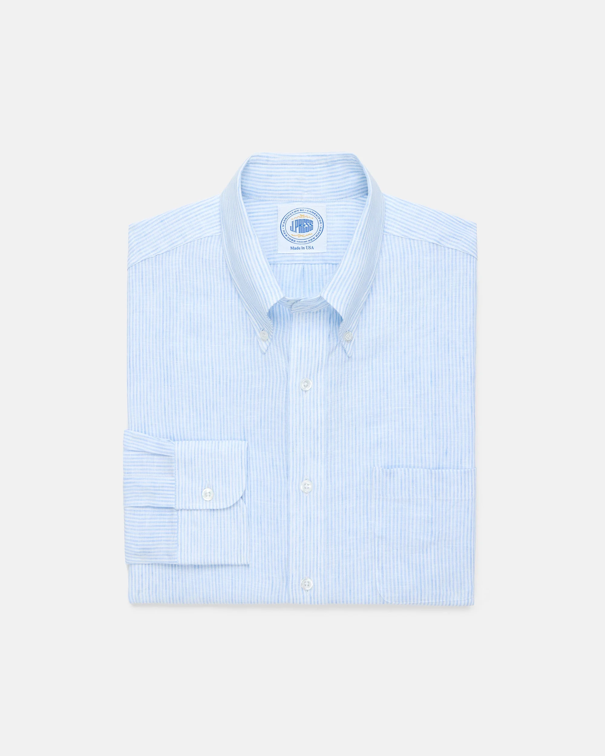 MADE-IN-USA THOMAS MASON LIGHT BLUE CANDY STRIPE LINEN SHIRT - 1