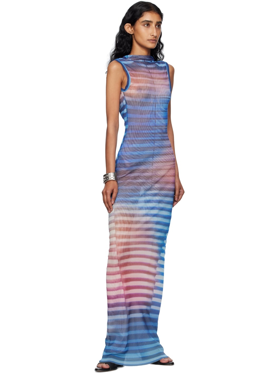 Blue & Pink High Neck Open Back Printed Air Maxi Dress - 4