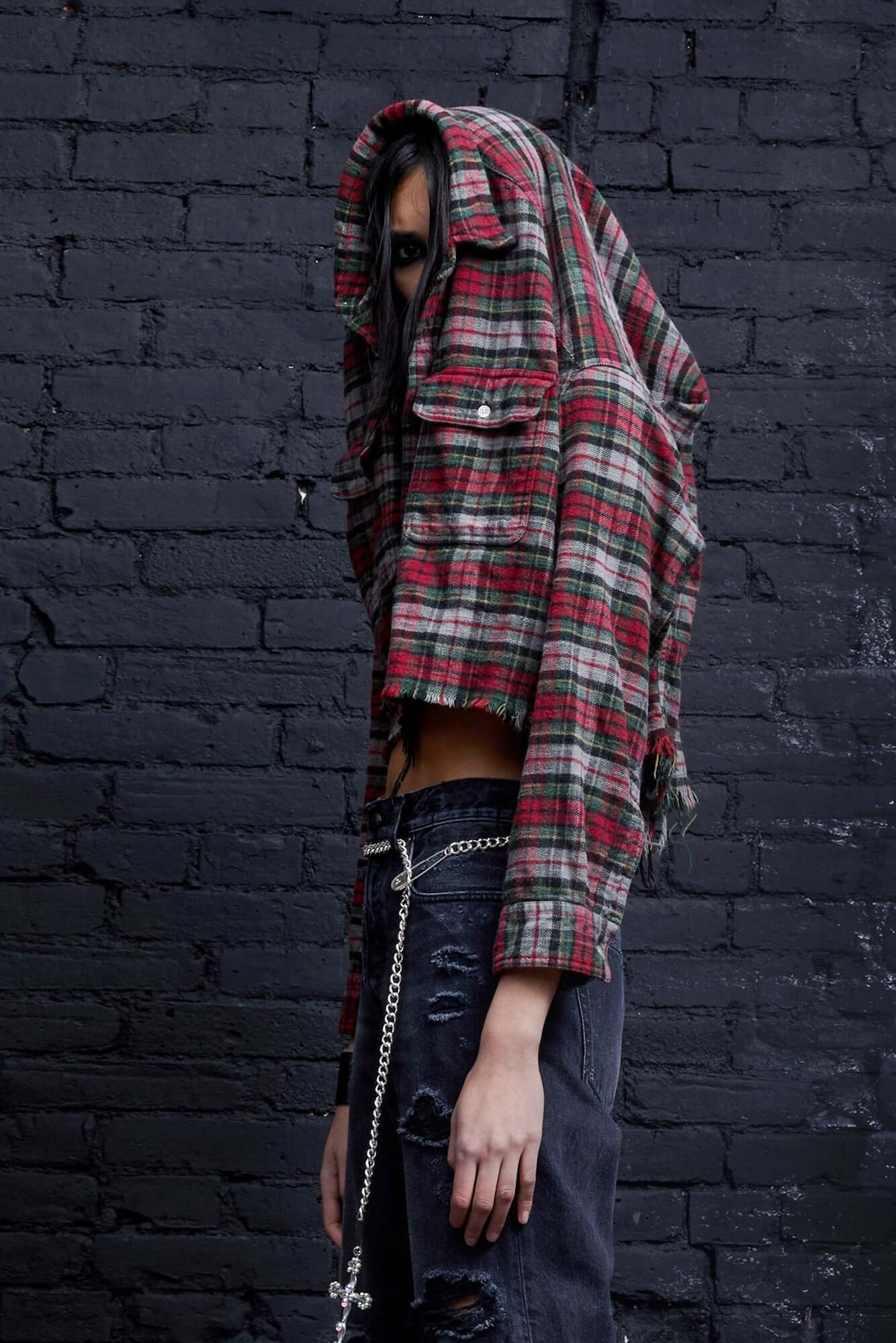 CONVERTIBLE CROPPED WORKSHIRT - RED/GREEN PLAID - 2