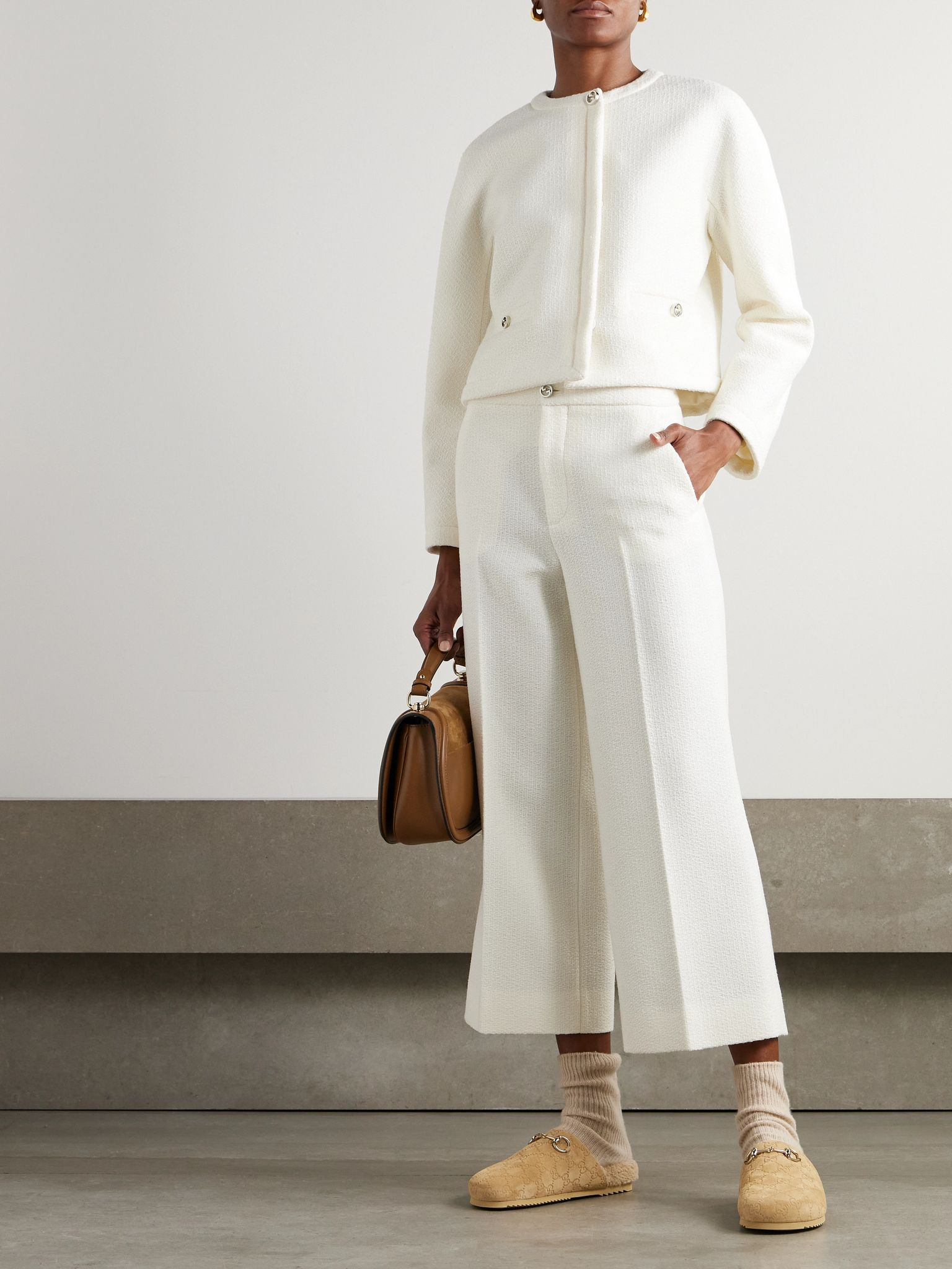 Wool-blend bouclé wide-leg pants Off-white - 2