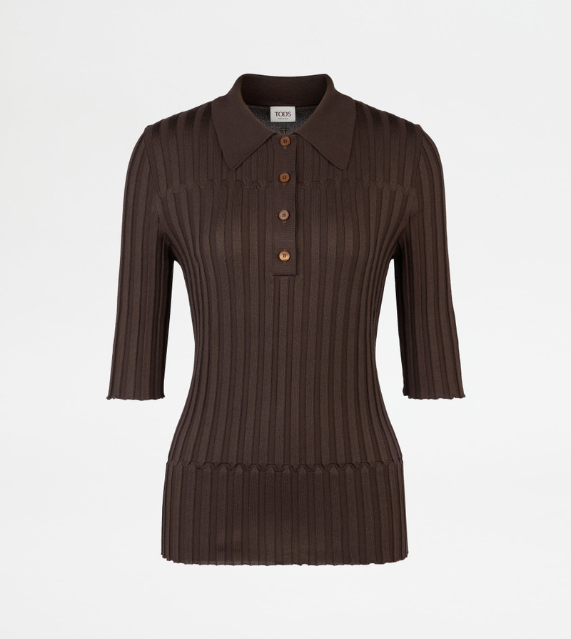 HALF-LENGTH SLEEVED POLO SHIRT IN SILK - BROWN 1