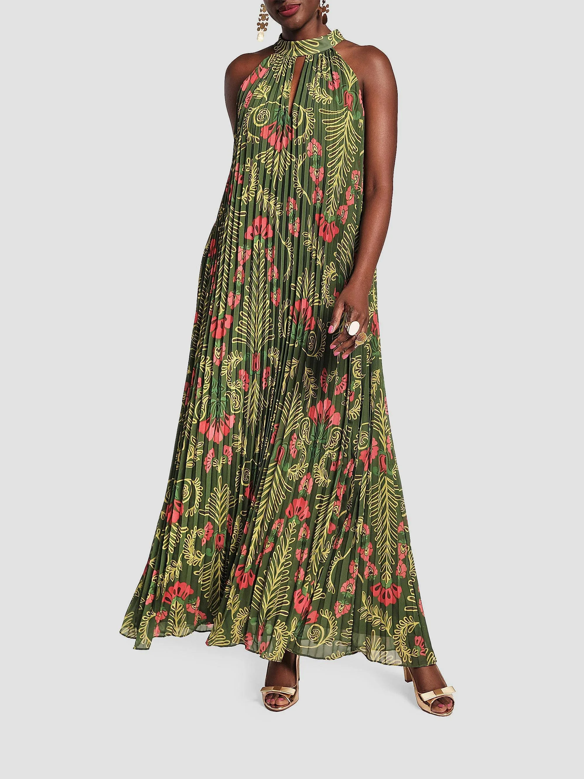 Women's Printed Accordian-Pleated Maxi Dress - Green Multi - 1