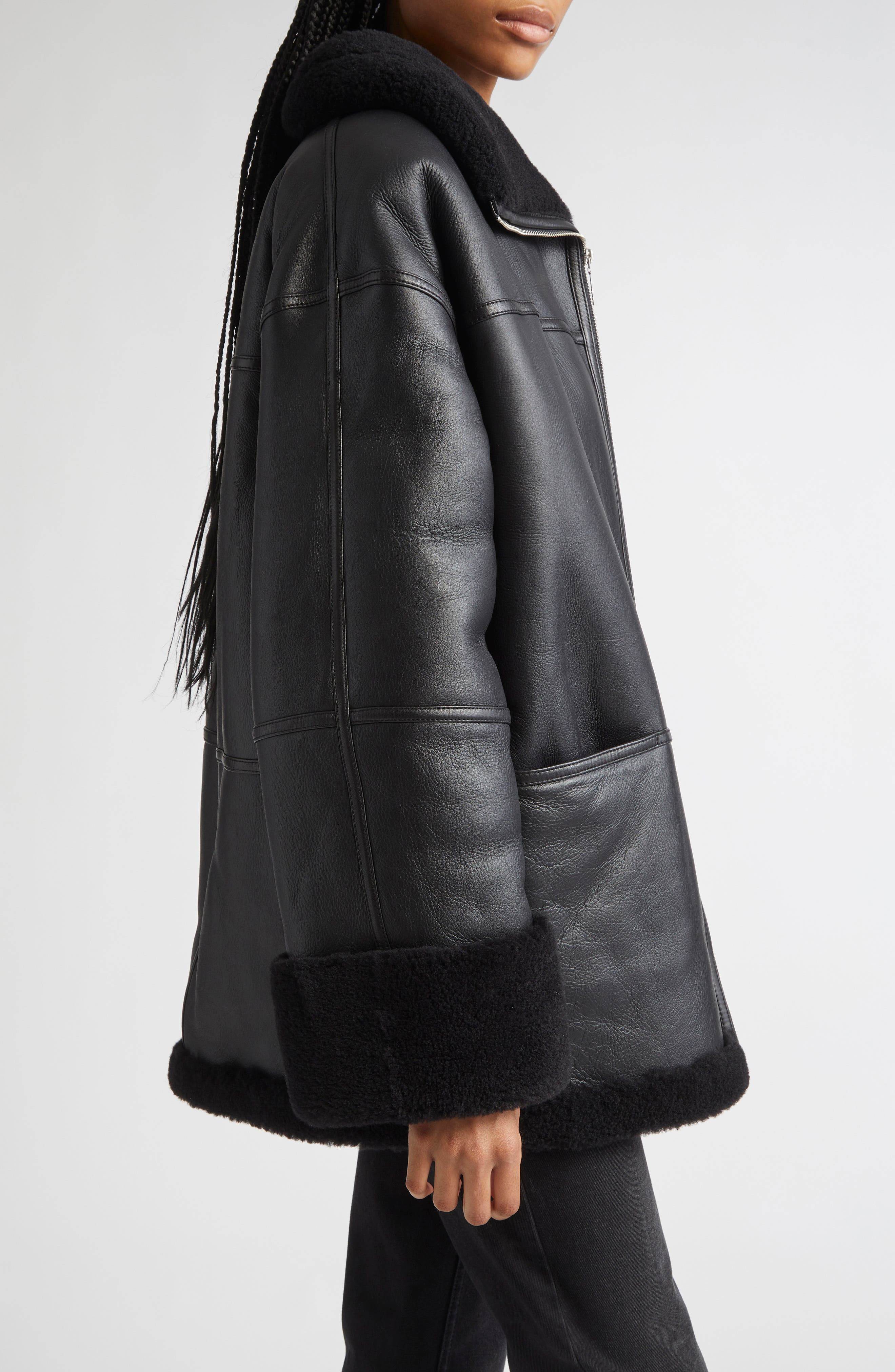 TOTEME Menfi Oversize Genuine Shearling Coat in Black at Nordstrom - 4