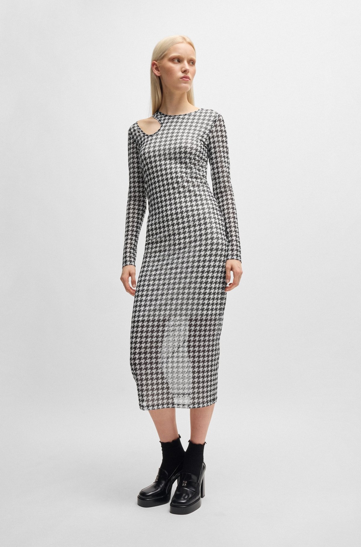 HOUNDSTOOTH MESH MIDI DRESS WITH CUT-OUT NECKLINE - 2