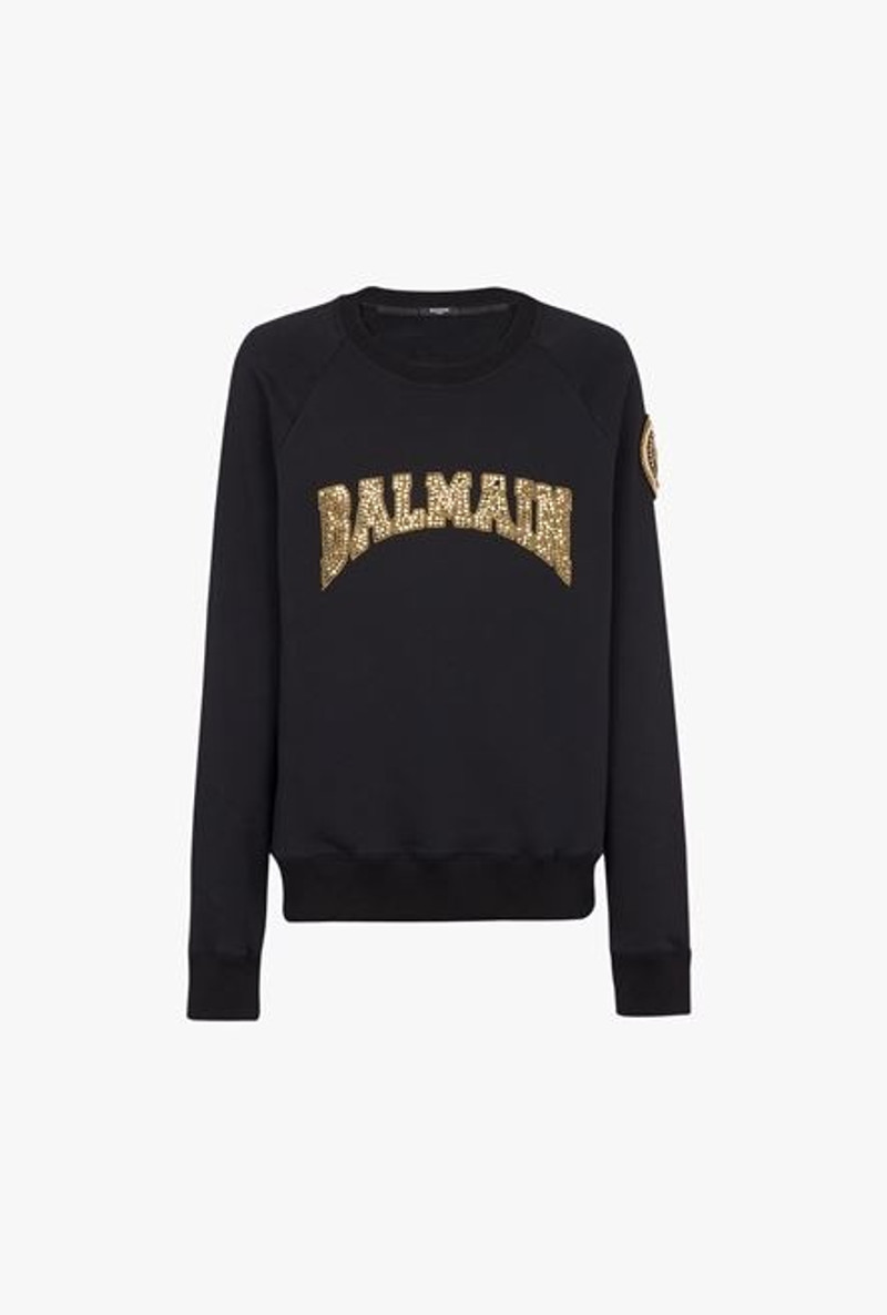 Black cotton sweatshirt with embroidered gold-tone Balmain Paris logo 1