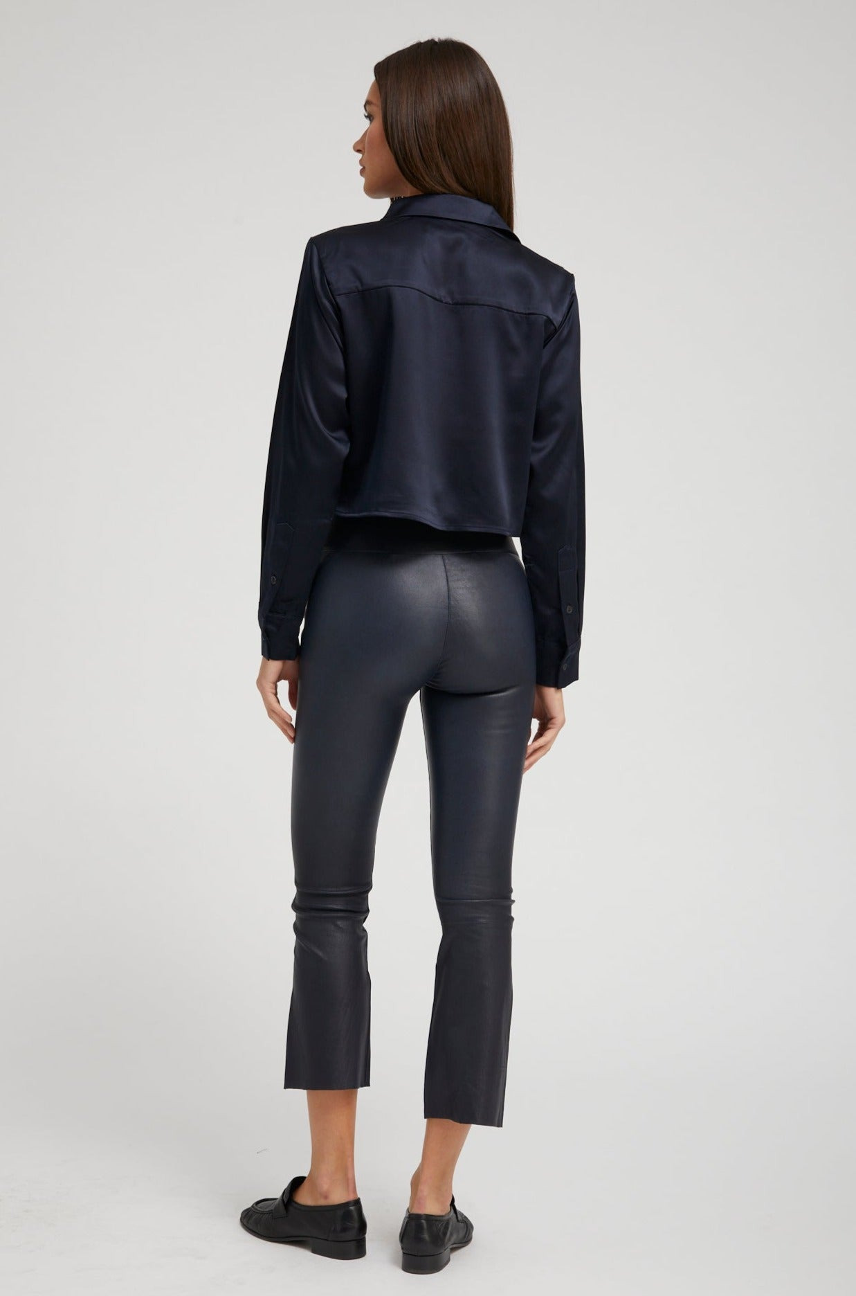 NAVY SILK CROPPED BUTTON DOWN - 5