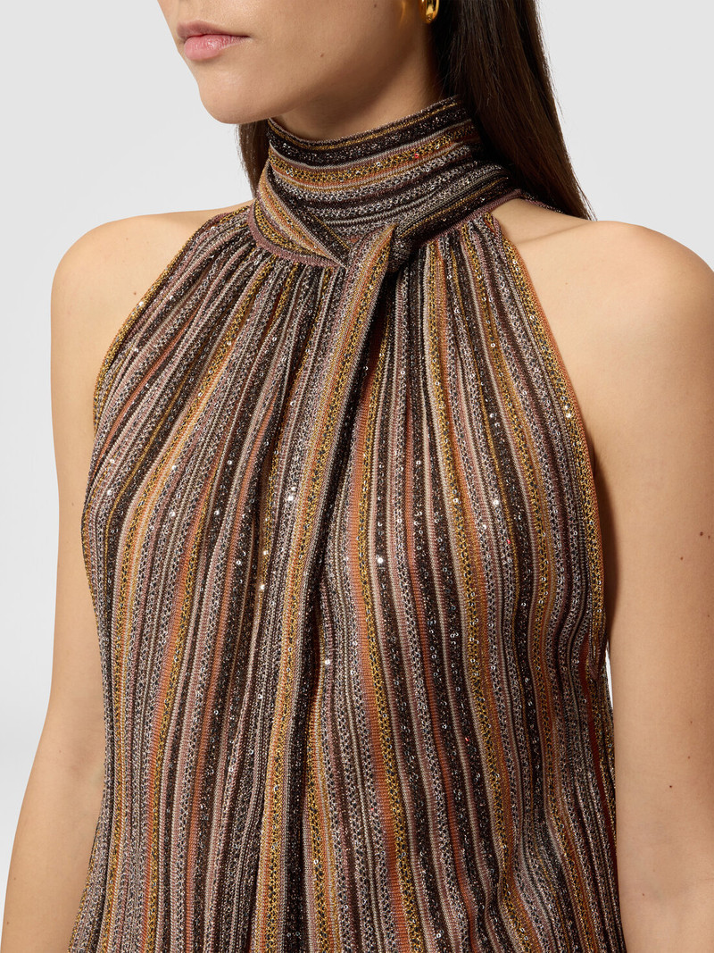 Ribbed Viscose Lamé Sleeveless Top with Scarf Collar 5