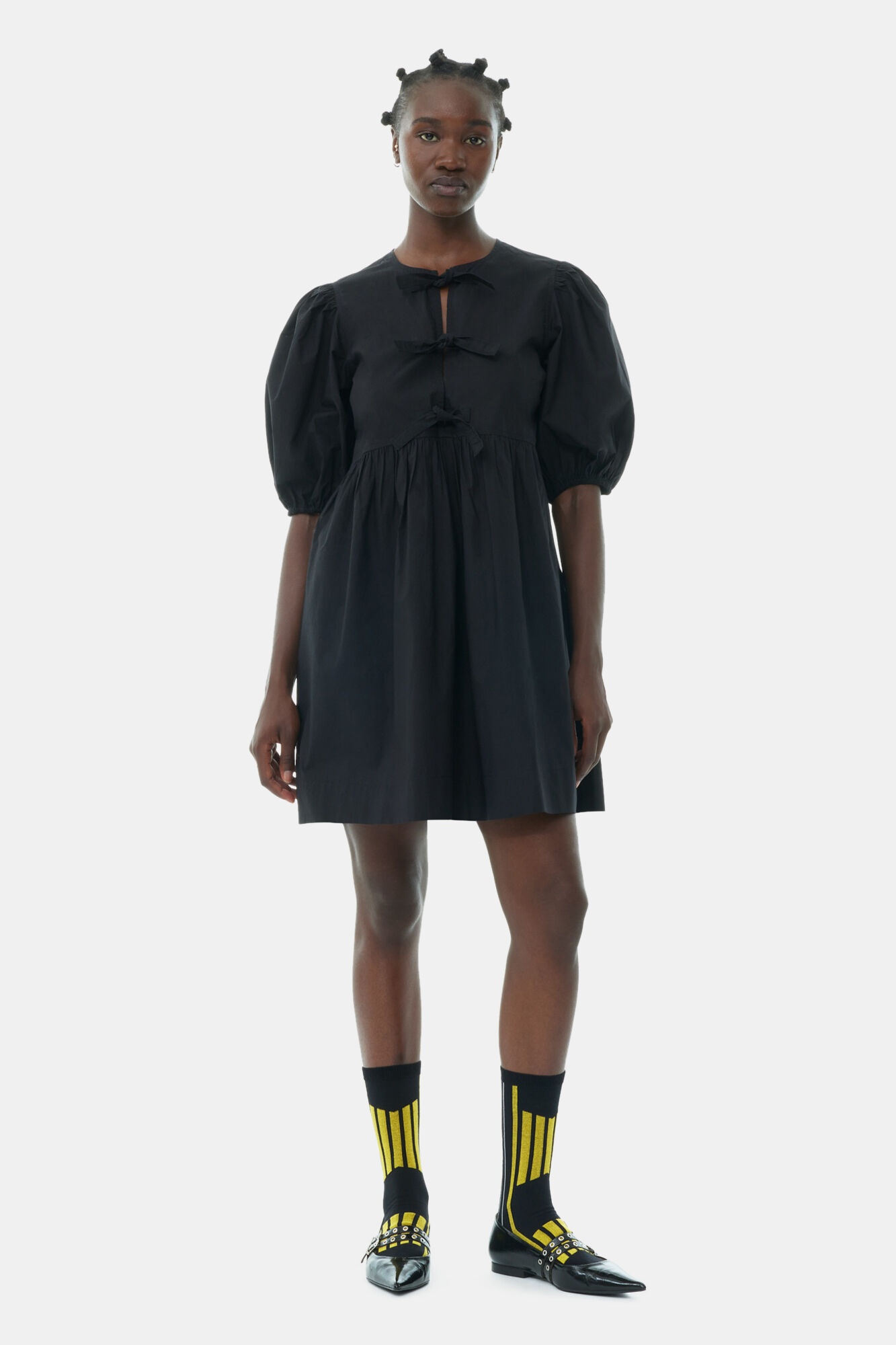 BLACK COTTON POPLIN TIE STRING MINI DRESS - 2