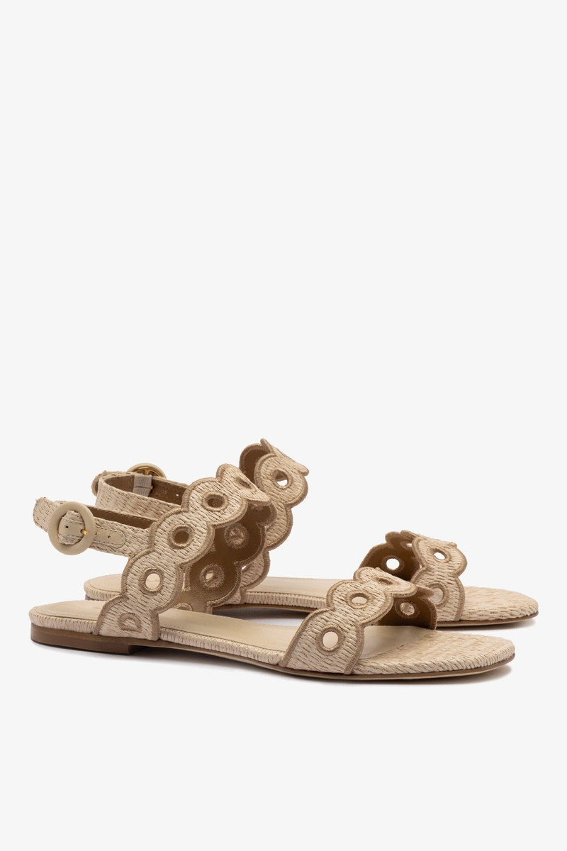 Florence Broderie Flat Sandal In Natural Raffia and Hazelnut Trimming 5