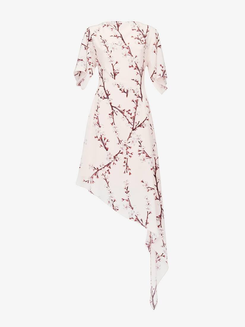 Women's Cherry Blossom Asymmetric Midi Dress in Pink - 2