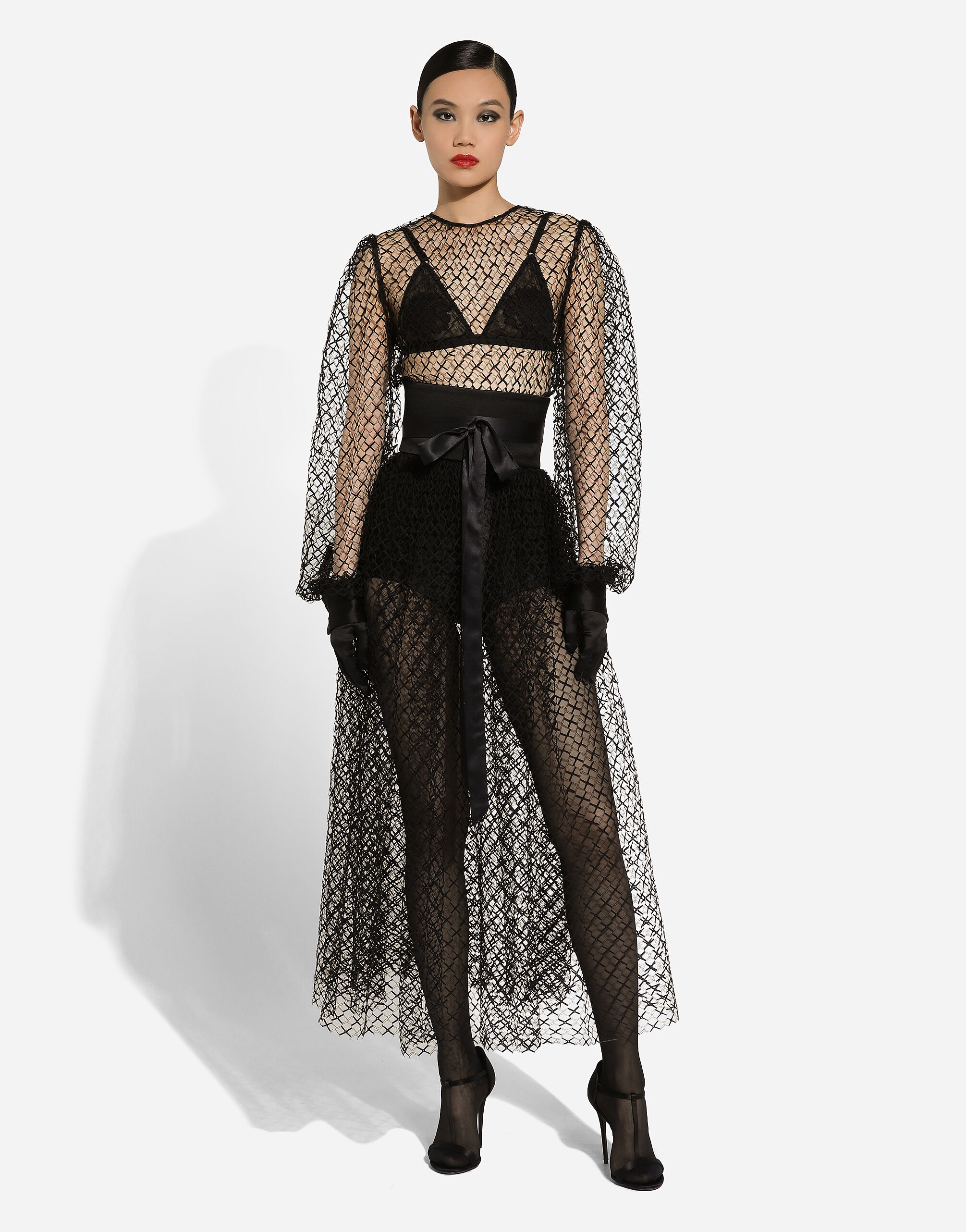 Calf-length mesh dress with wool crepe belt - 2